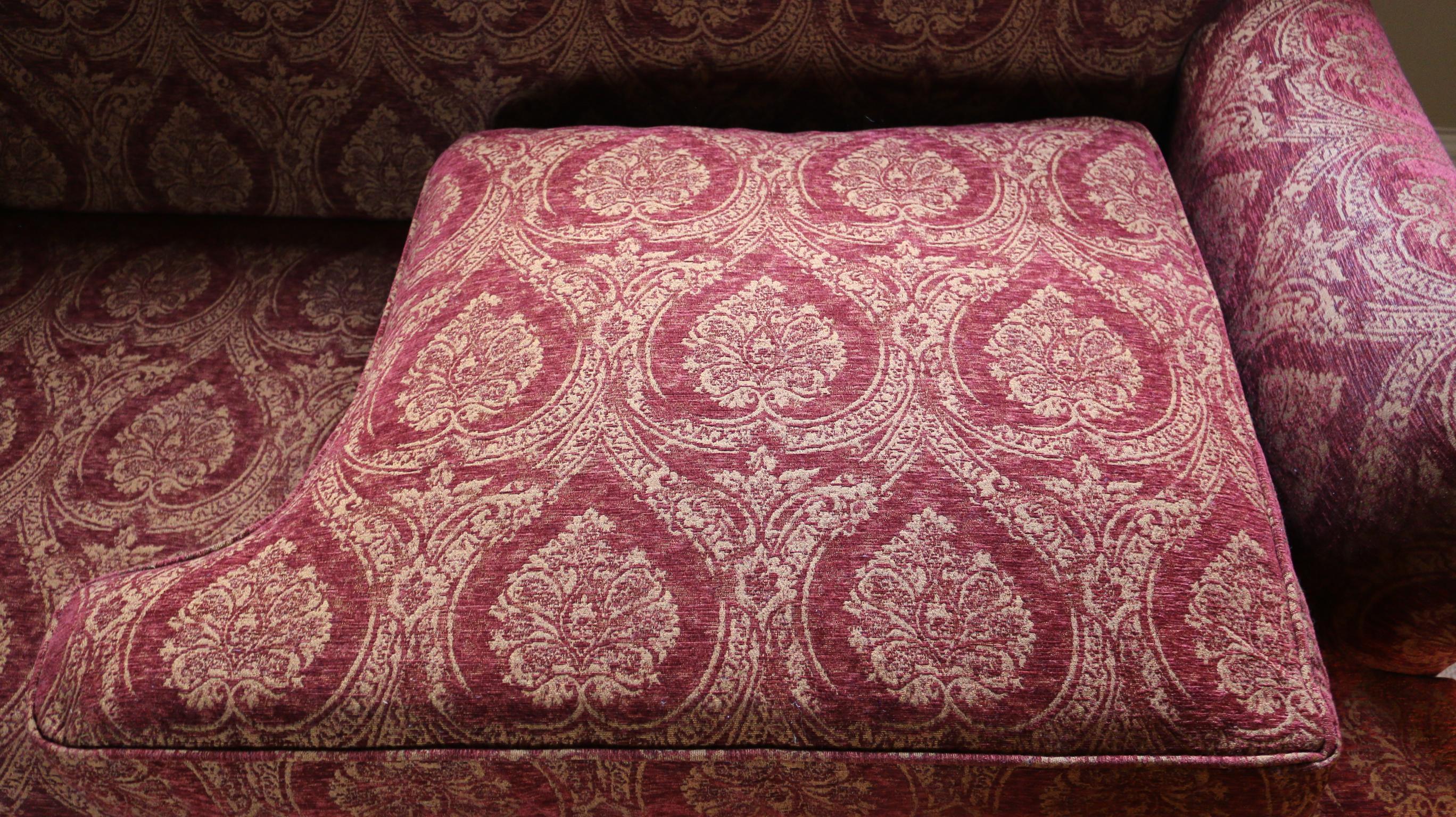 Late 20th Century Settee Sofa Pair of 3-Seat Howard Parker & Farr Red-Wine Gold Mulberry Paisley