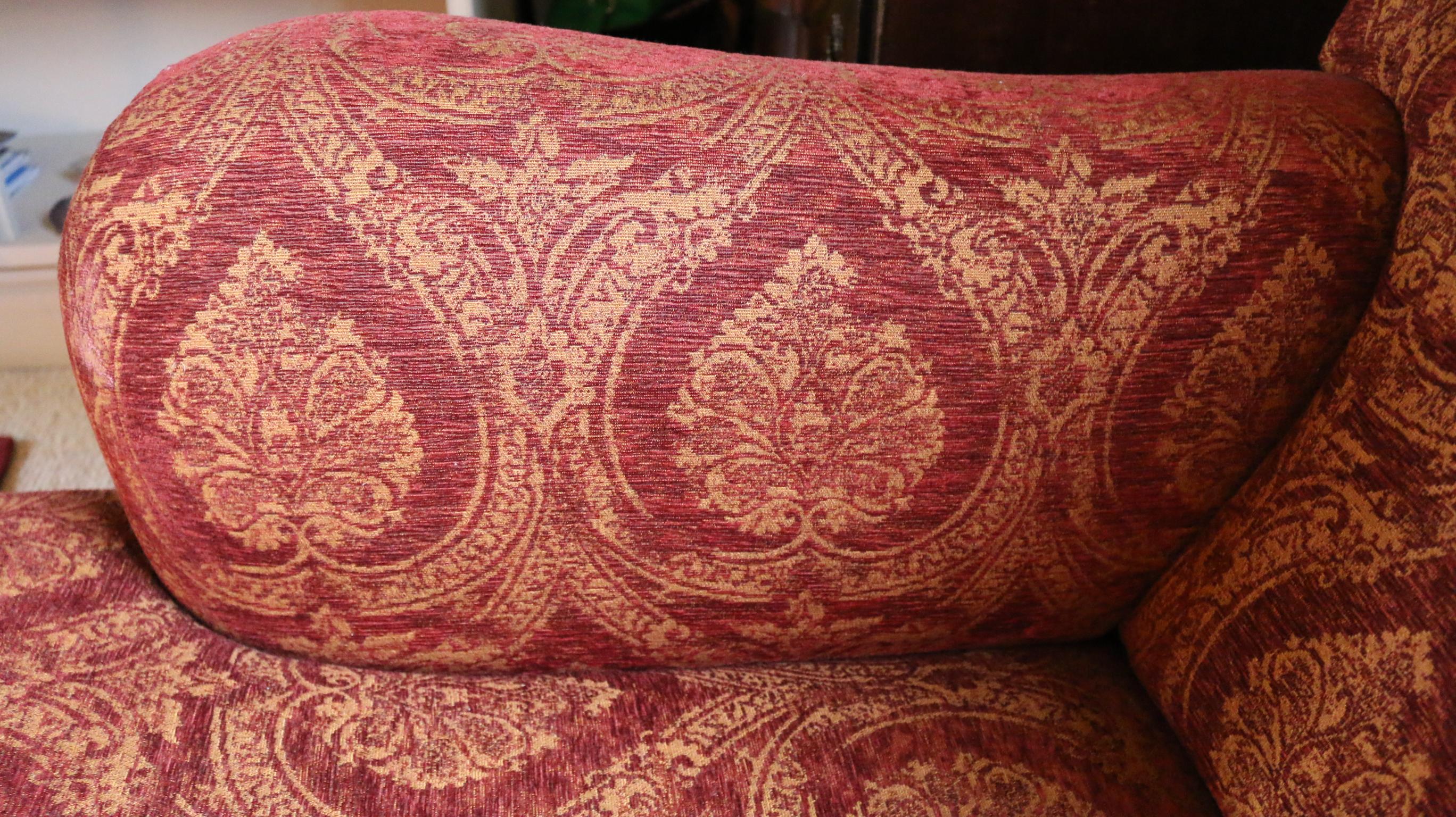 Textile Settee Sofa Pair of 3-Seat Howard Parker & Farr Red-Wine Gold Mulberry Paisley