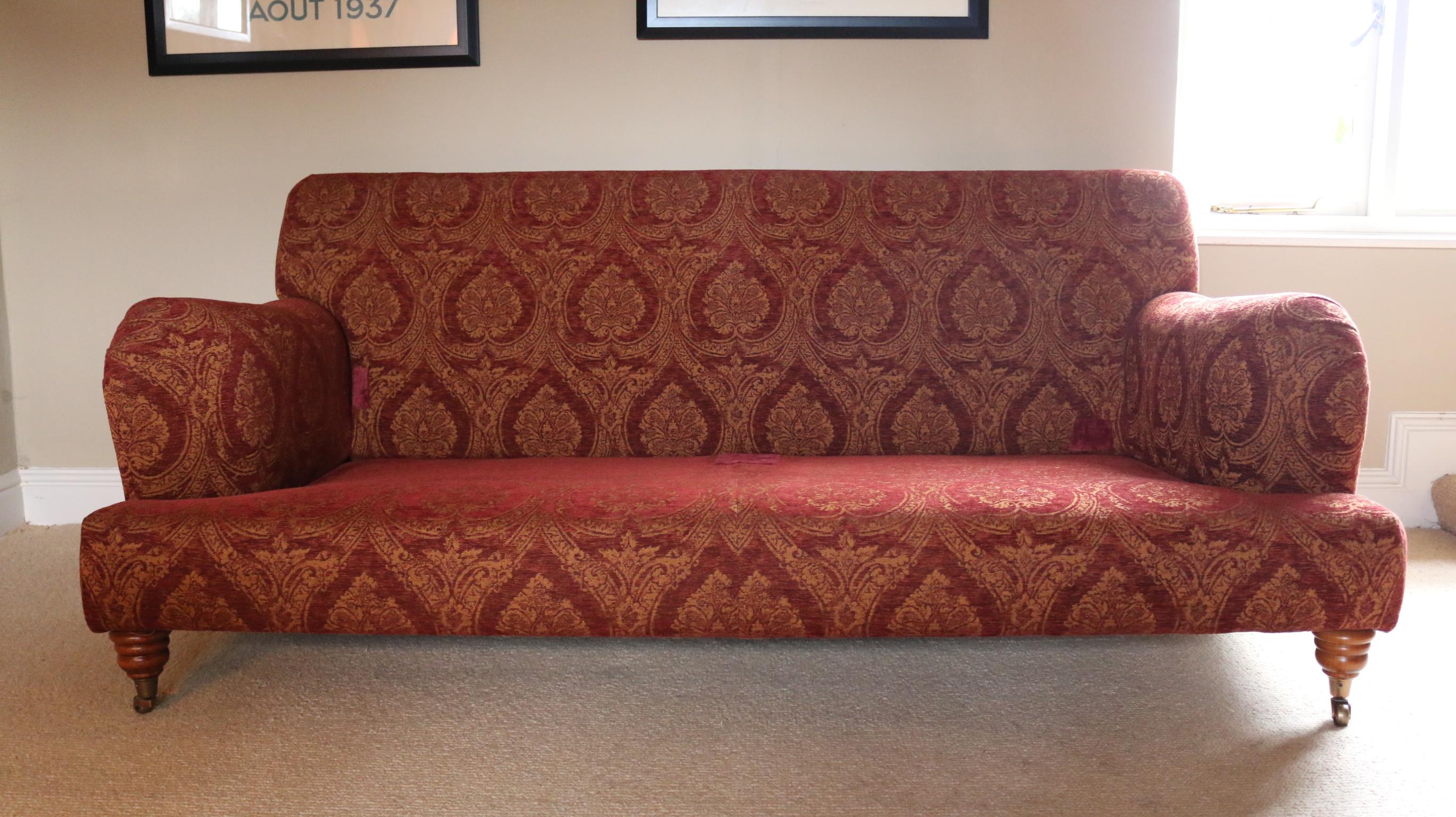 Settee Sofa Pair of 3-Seat Howard Parker & Farr Red-Wine Gold Mulberry Paisley 3