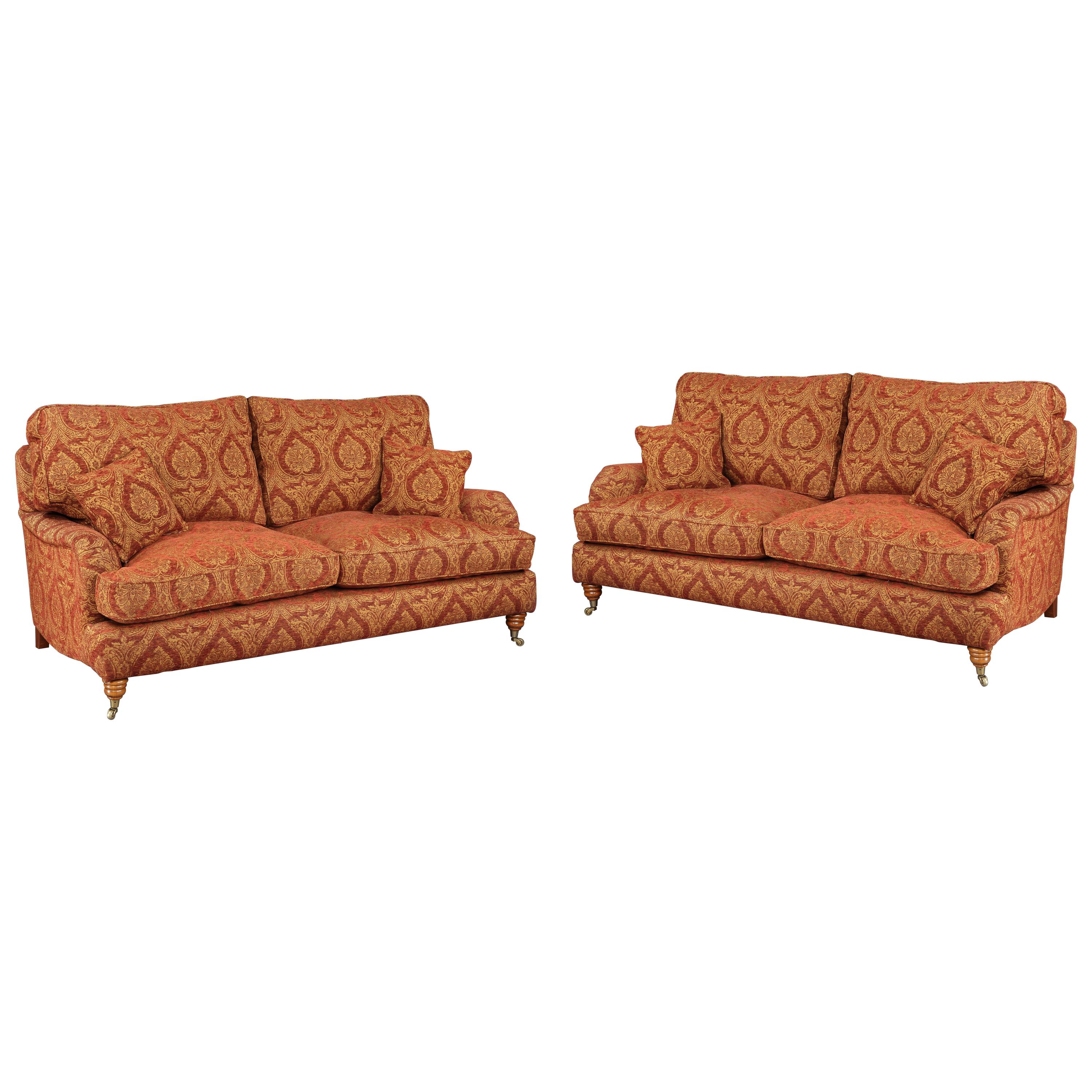 Settee Sofa Pair of 3-Seat Howard Parker & Farr Red-Wine Gold Mulberry Paisley