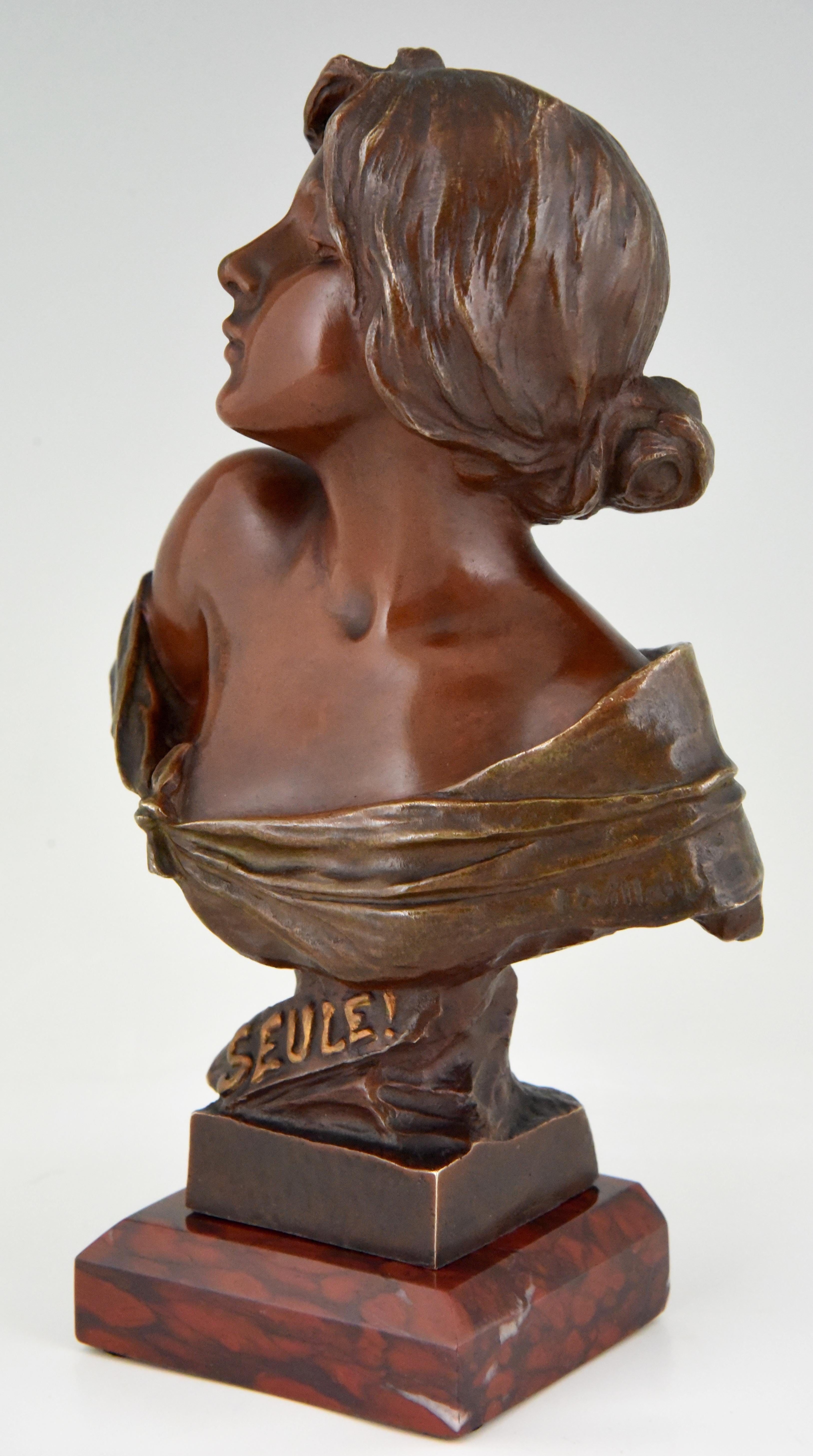 Patinated Seule Art Nouveau Bronze Bust of a Young Woman Emmanuel Villanis, France, 1900