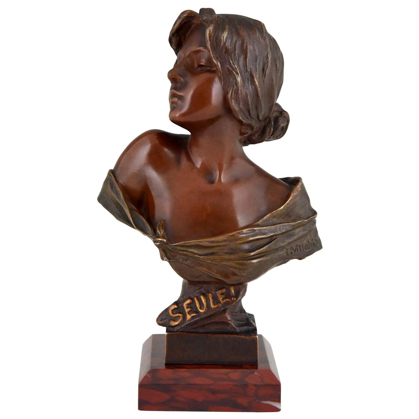 Seule Art Nouveau Bronze Bust of a Young Woman Emmanuel Villanis, France, 1900
