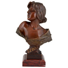 Seule Art Nouveau Bronze Bust of a Young Woman Emmanuel Villanis, France, 1900