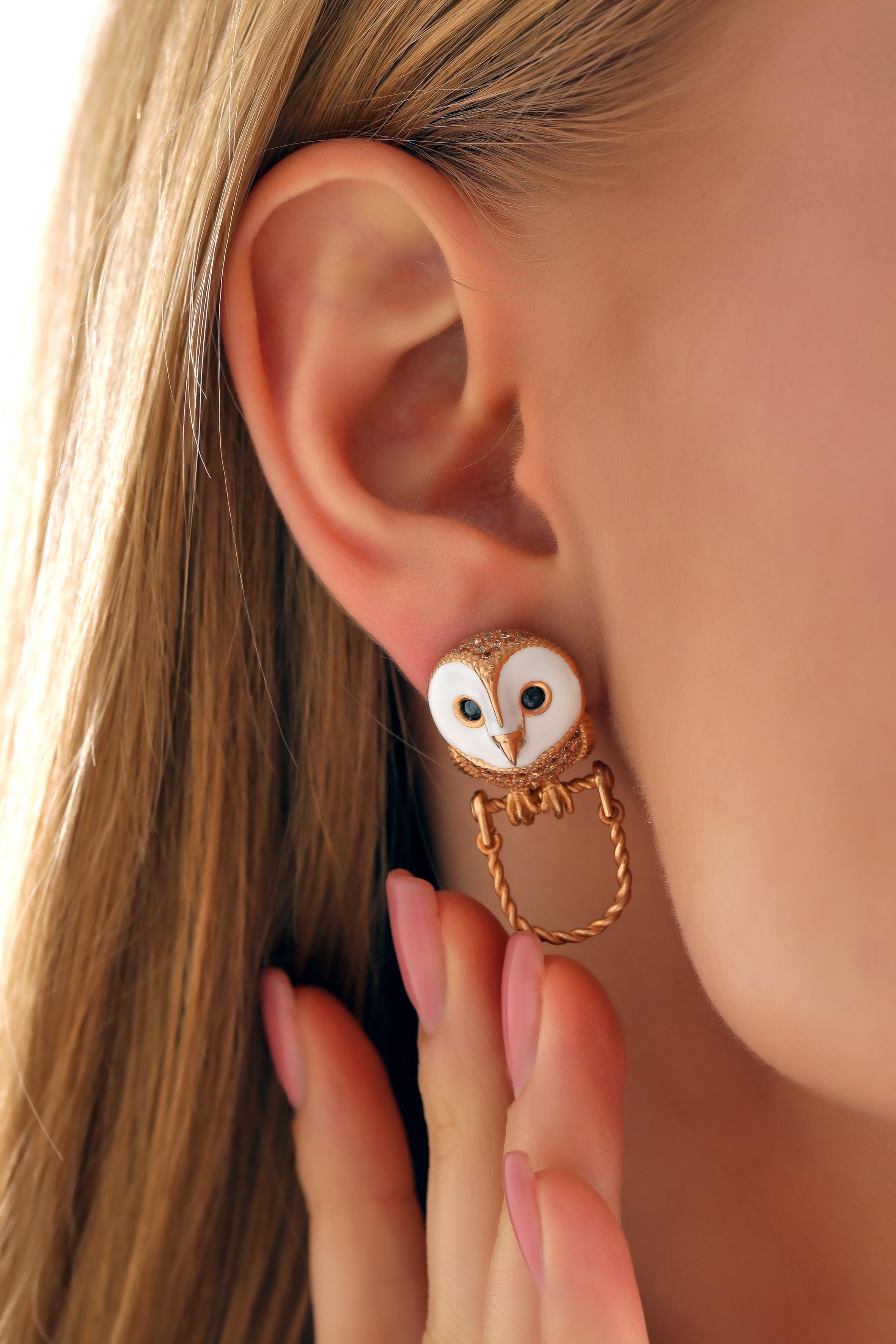Art Nouveau 14K Owl Earring  For Sale