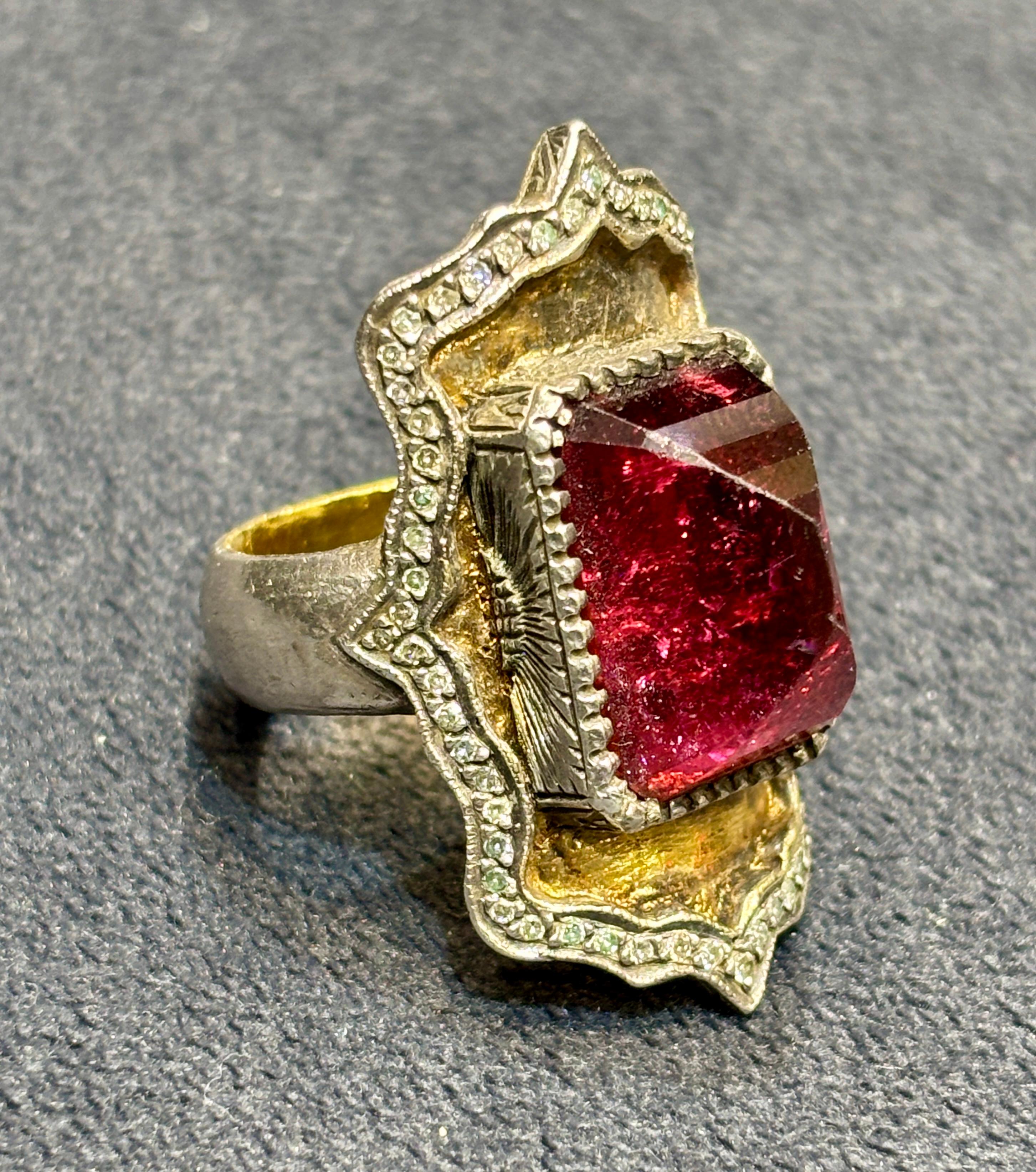 Sevan Bıçakçı 24k gold and silver cocktail ring with tourmaline and diamonds 4