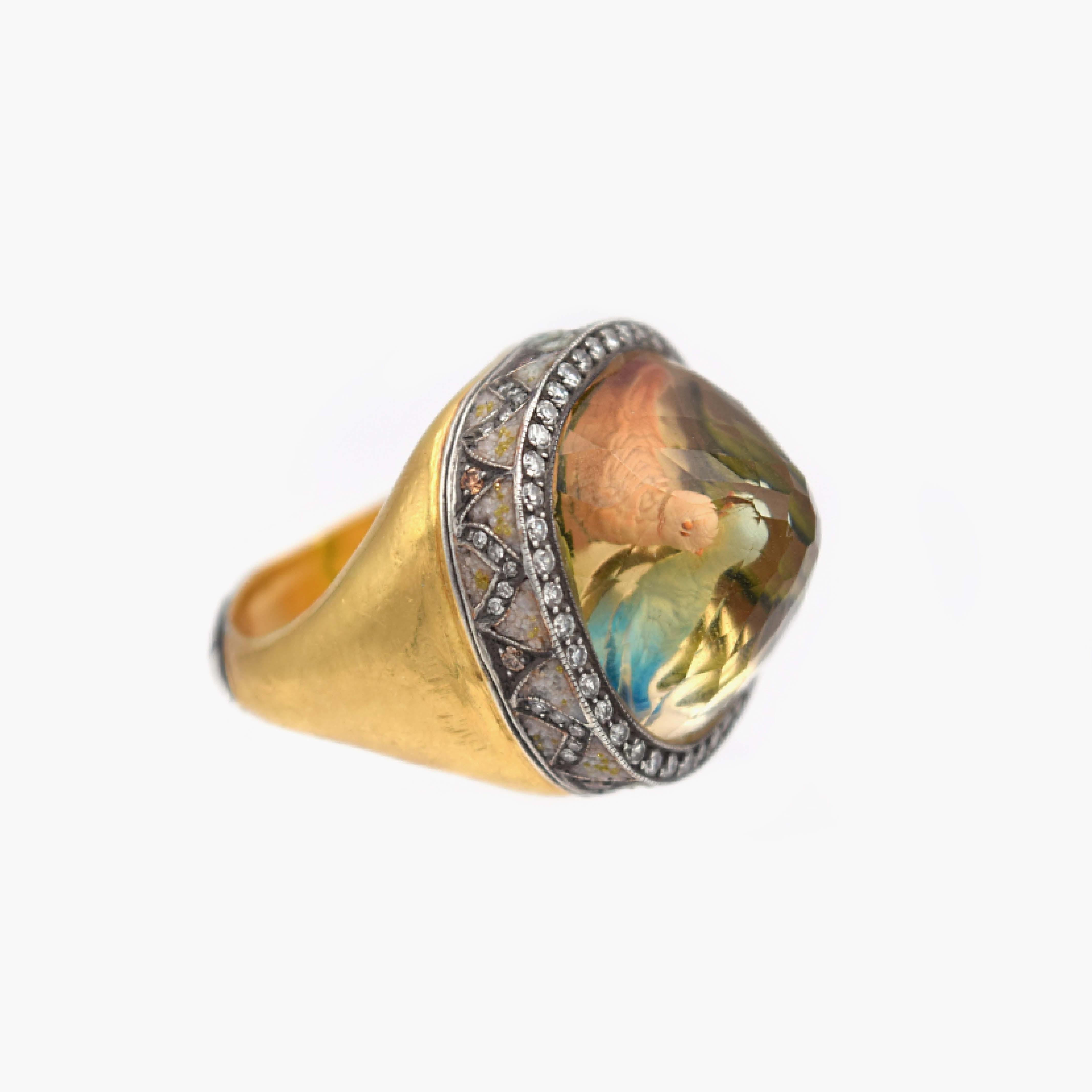 From the astounding work of Sevan Biçakçi, inspired by the rich culture rooted in his homeland of Istanbul, this collection represents the layered and beautiful history of our past.

This quartz ring features reverse, hand-carved intaglio doves with