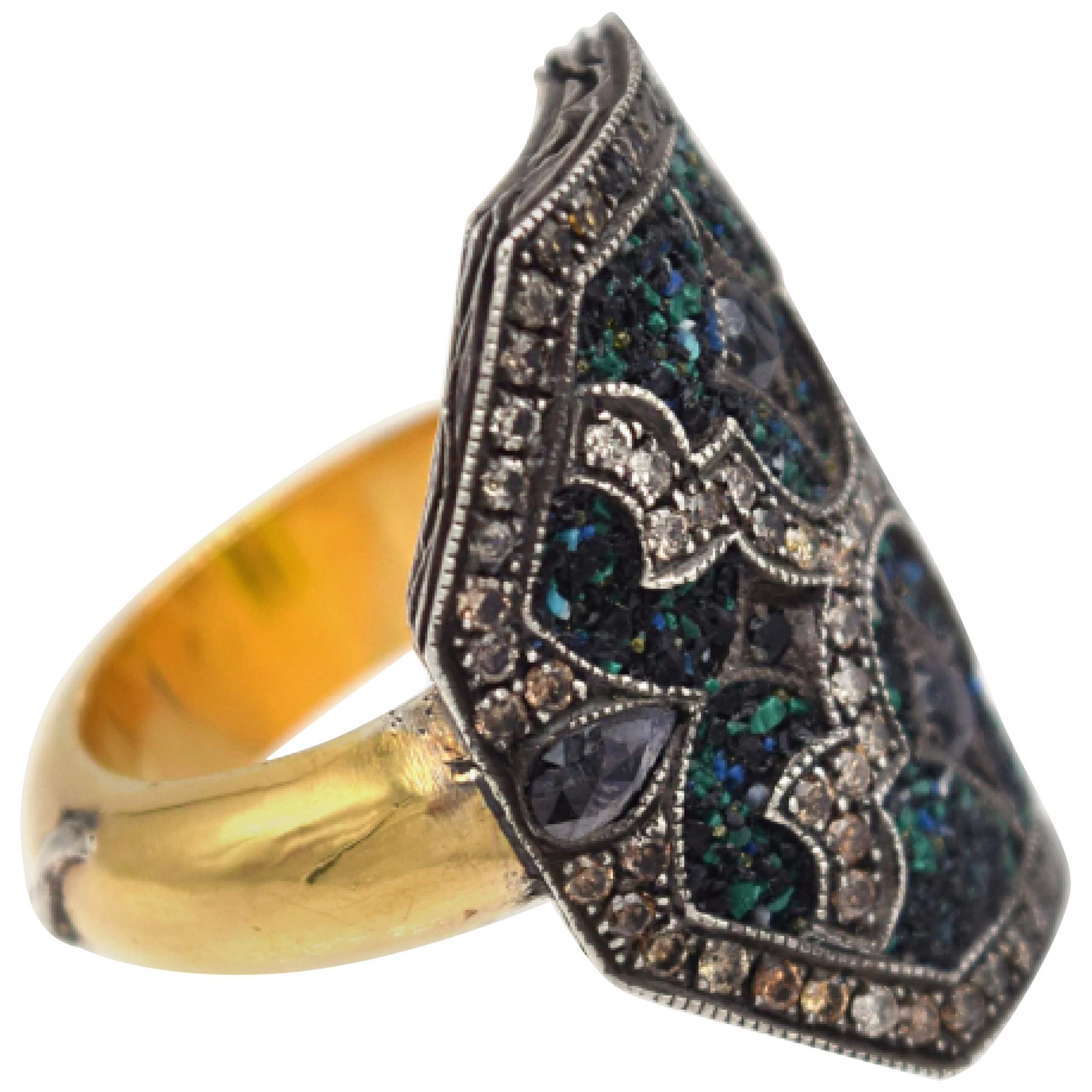Sevan Biçakçi Diamonds and Sapphires Shield Ring For Sale