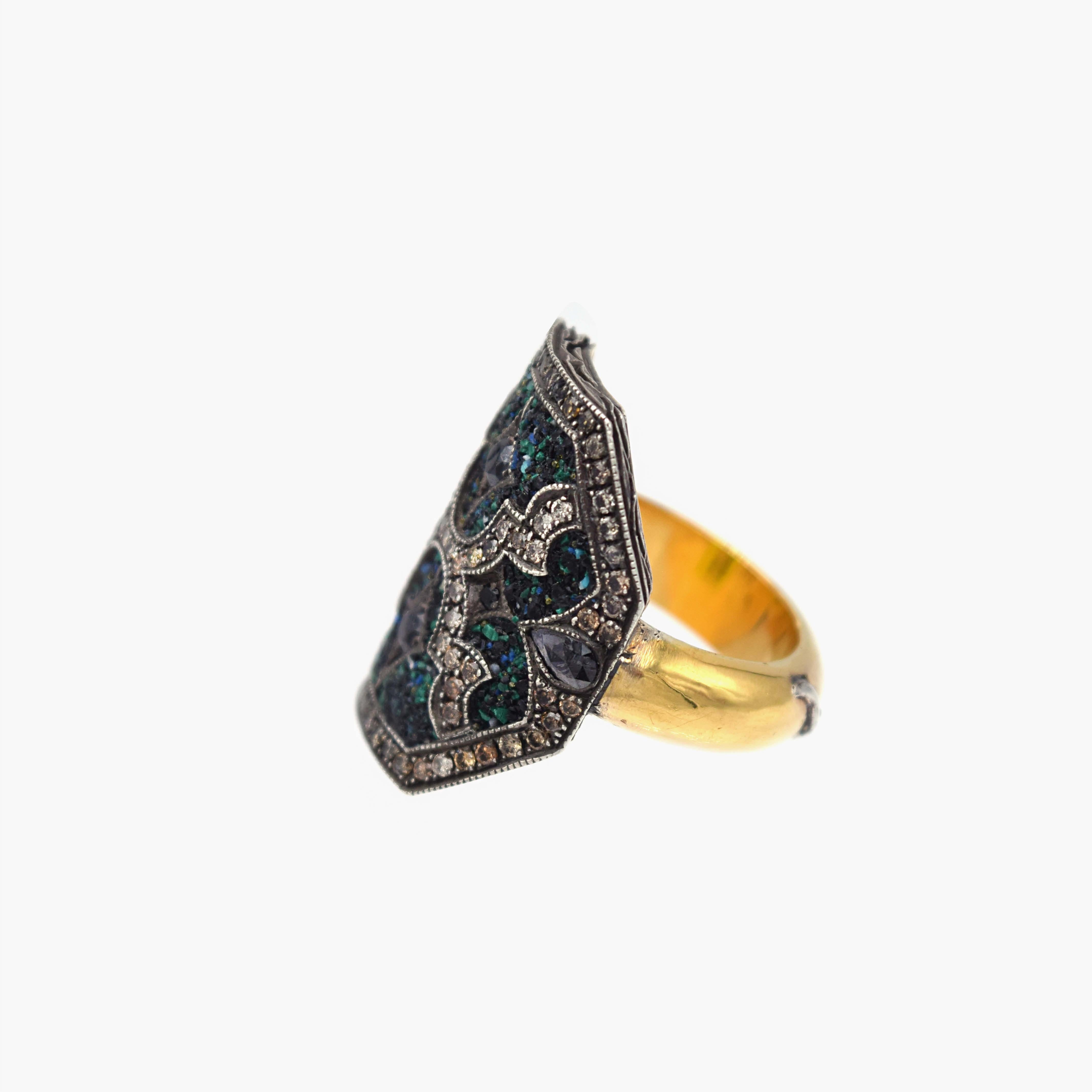 From the astounding work of Sevan Biçakçi, inspired
by the rich culture rooted in his homeland of Istanbul,
this collection represents the layered and beautiful
history of our past.
This ring features unique mosaics work of malachites,
jet stones,