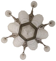SEVB Antique French Art Deco Cut Glass Slip Shade 6 Arm Skyscraper Chandelier 38