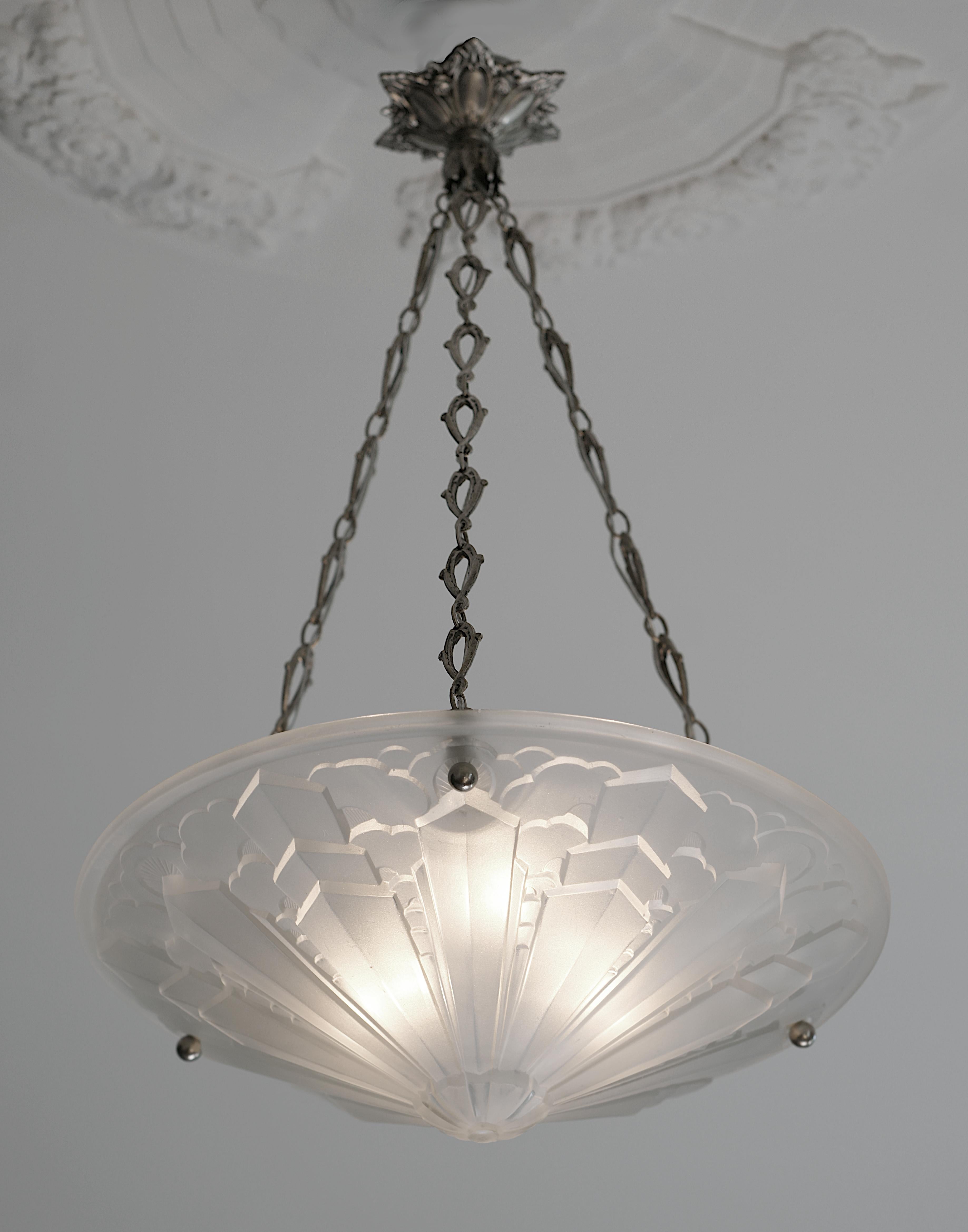 Silvered Sevb Wide French Art Deco Pendant Chandelier 1925 For Sale
