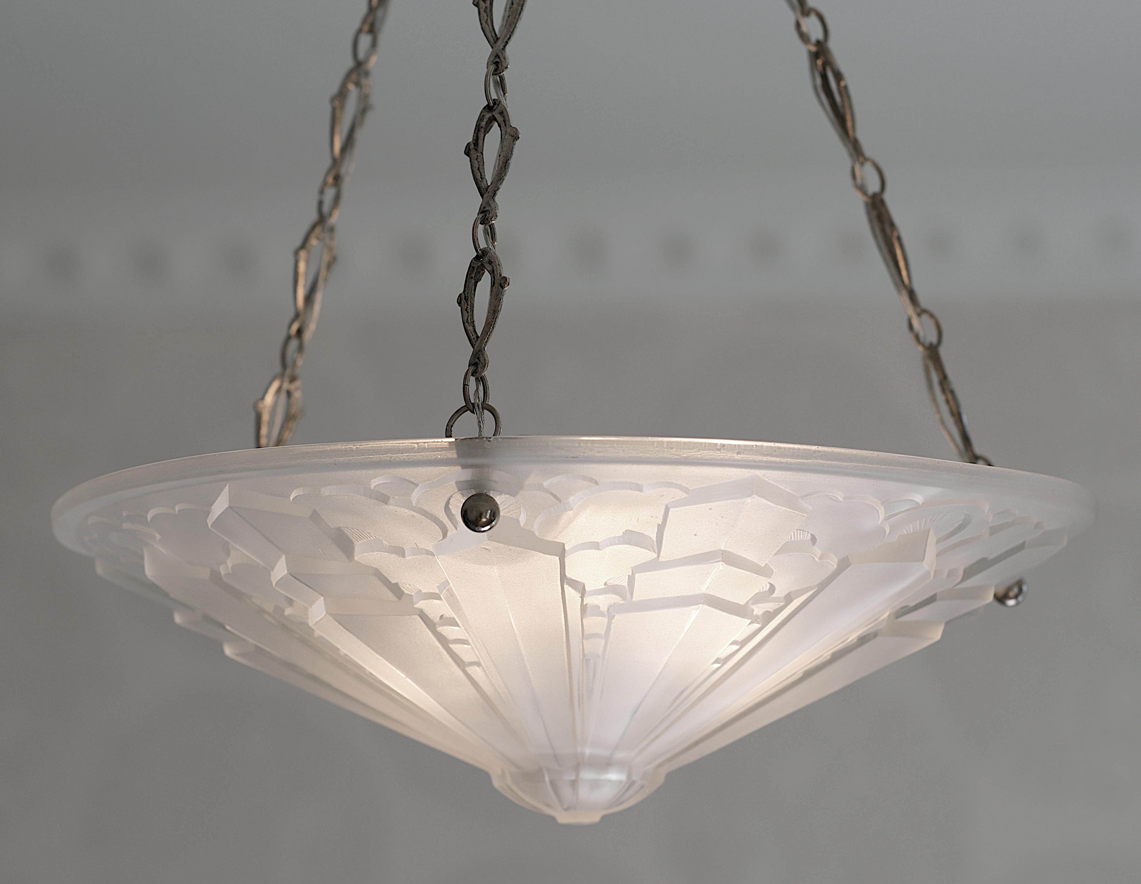 Early 20th Century Sevb Wide French Art Deco Pendant Chandelier 1925 For Sale
