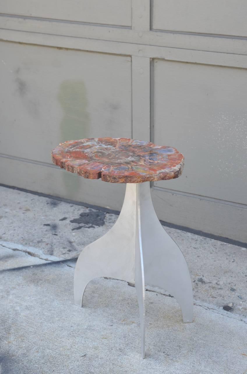 Organic Modern 'Seve' Petrified Wood and Aluminium Side Table by Design Frères For Sale