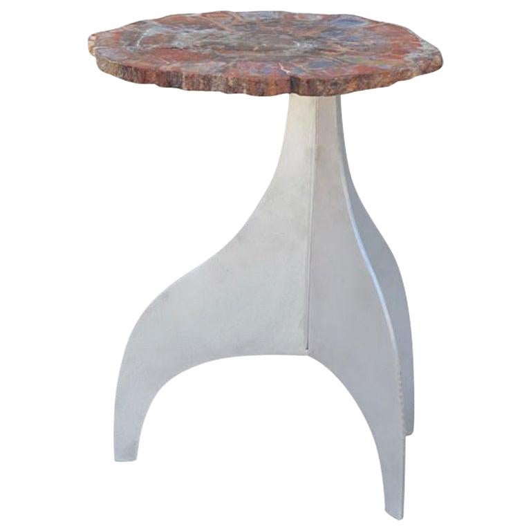 'Seve' Petrified Wood and Aluminium Side Table by Design Frères For Sale