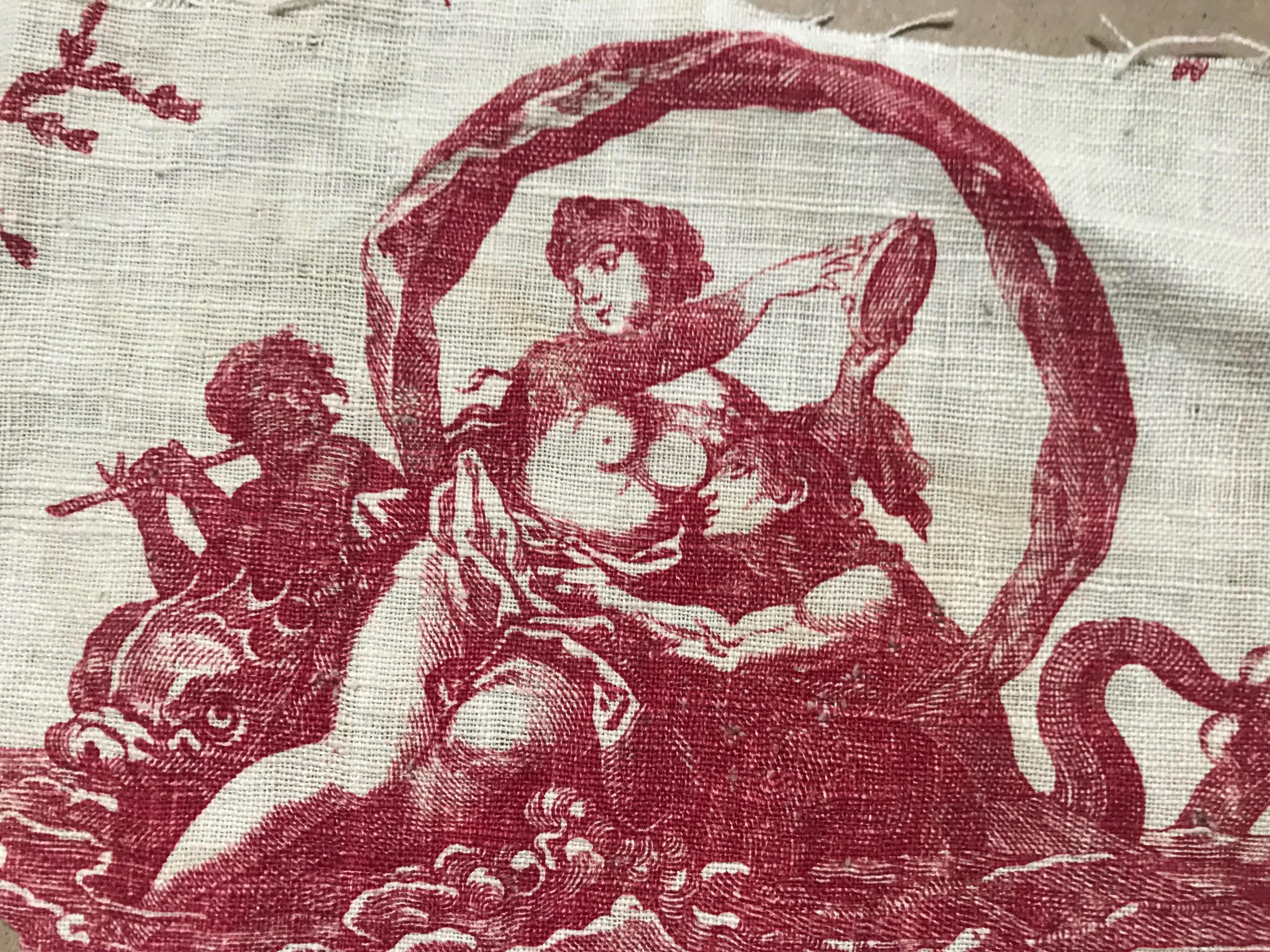 A collection of seven circa 1780 handwoven French toile de jouy fabric fragments attributed to the Oberkampf workshop. The detail of the printing is clear and exquisite.
The last two photographs are provided to give an idea of how elegant these
