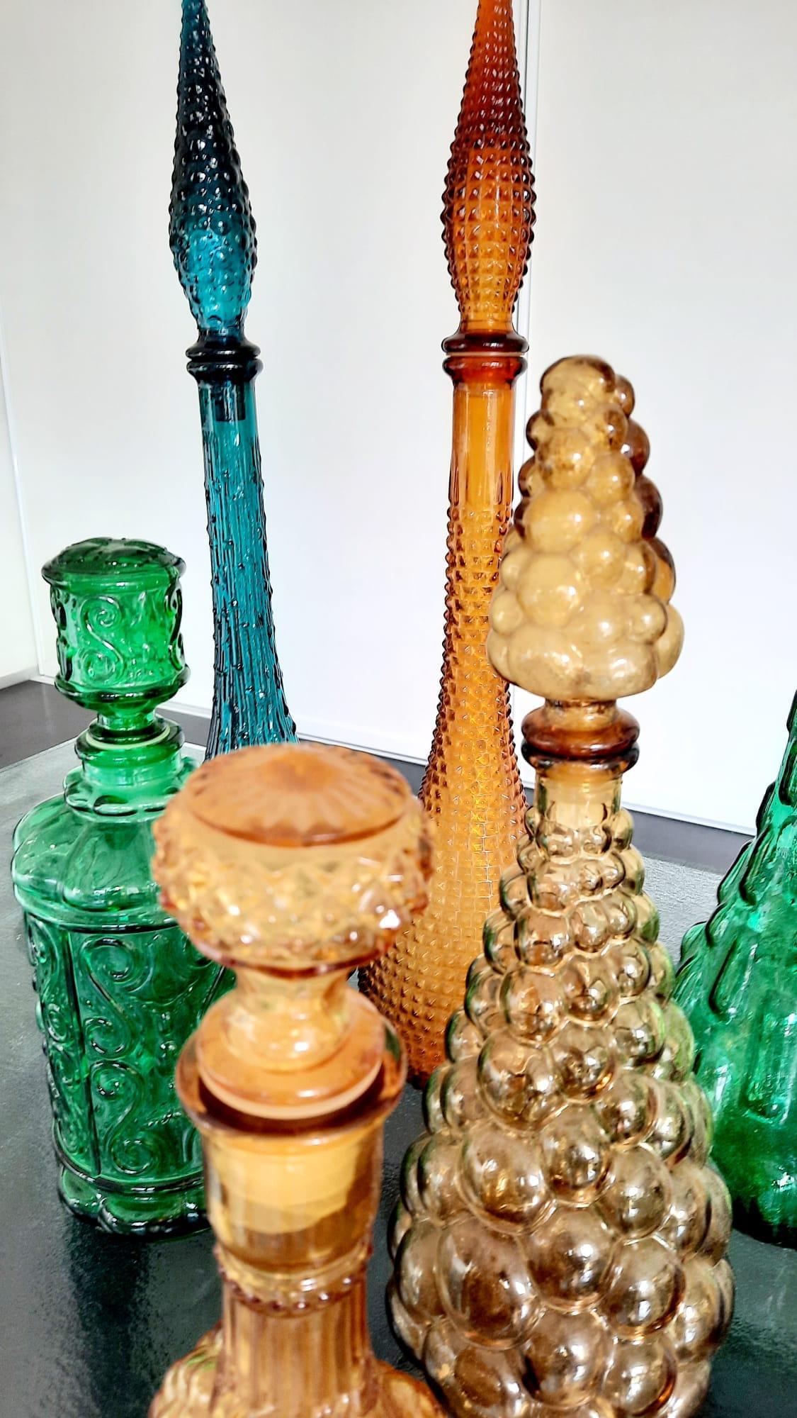 Seven 1960s Italian Empoli Rossini Glass Decanters For Sale 5