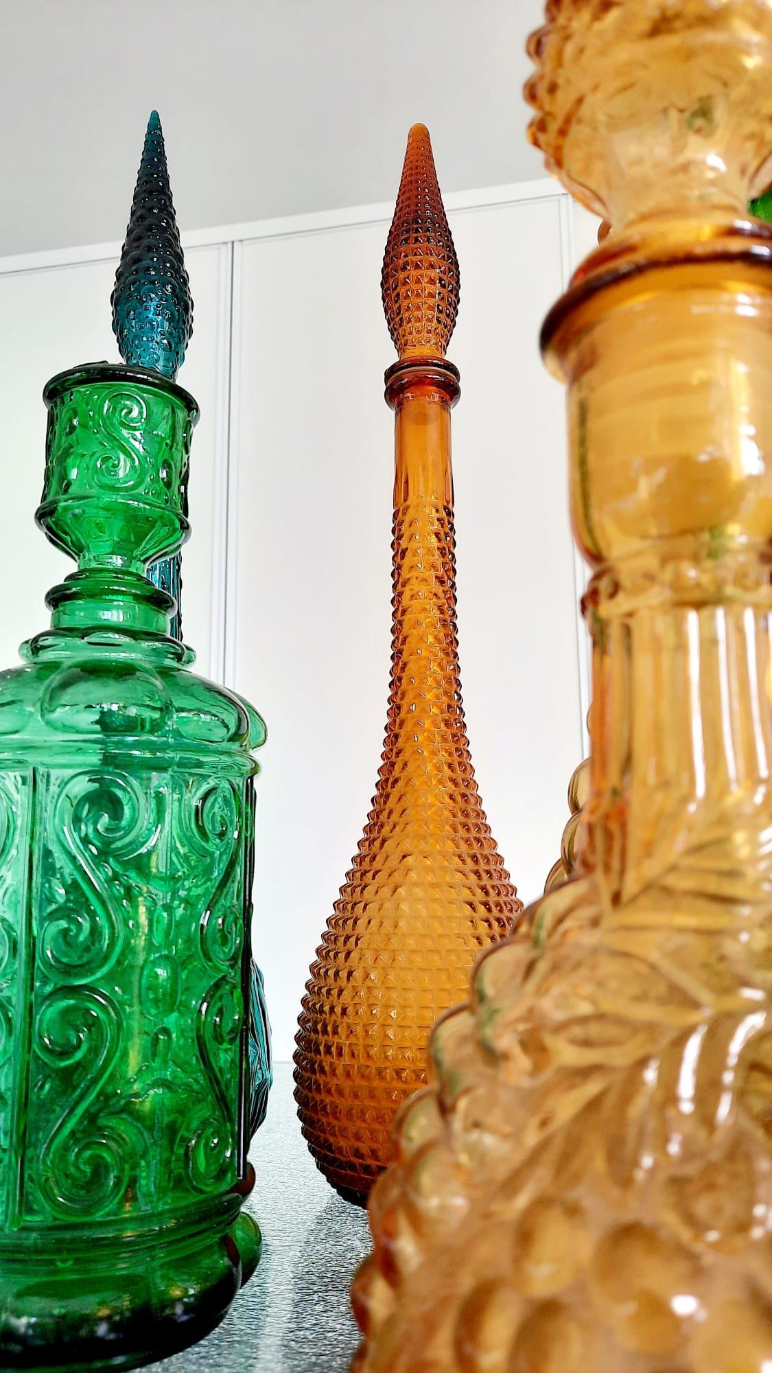 Seven 1960s Italian Empoli Rossini Glass Decanters For Sale 8