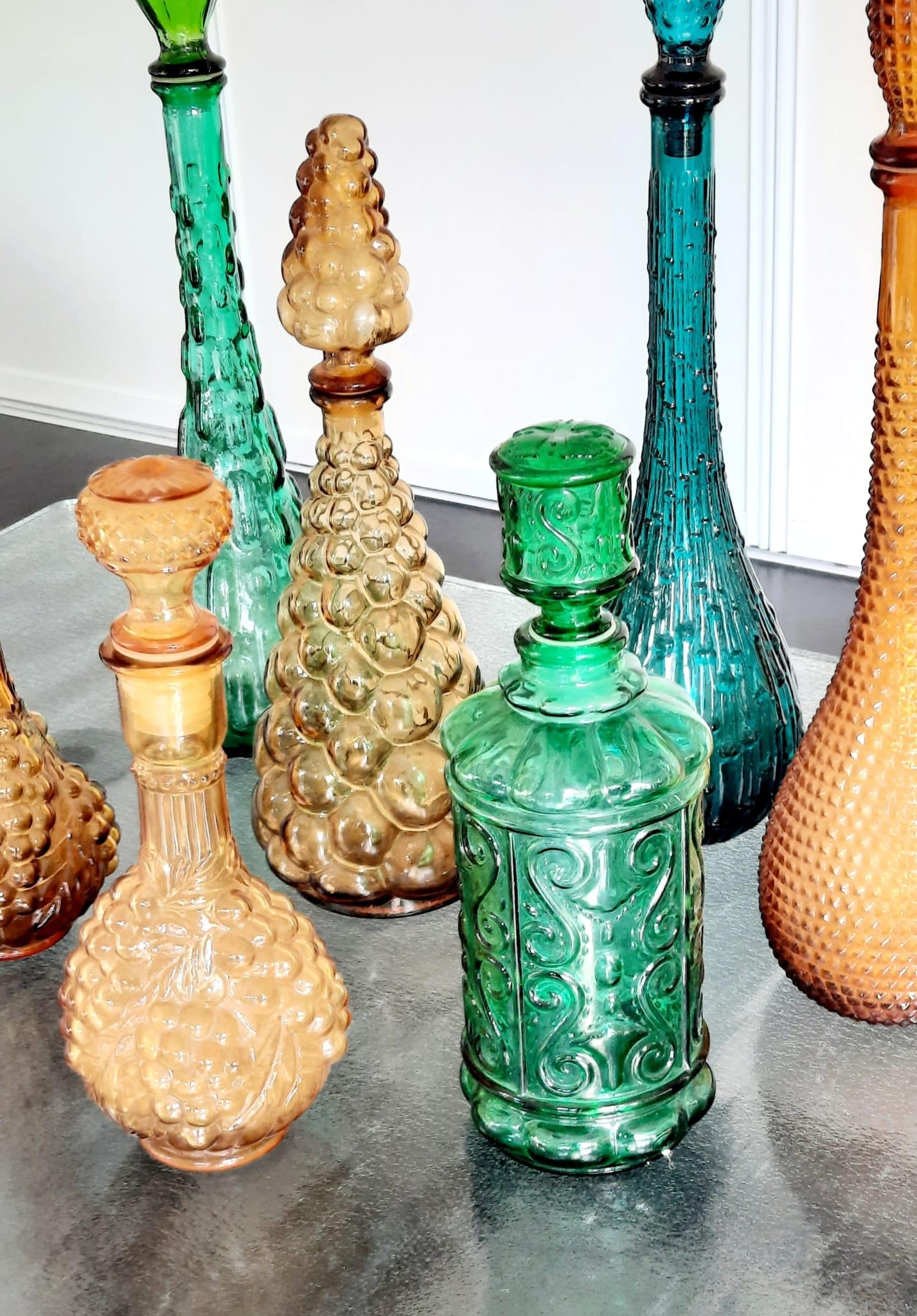 Blown Glass Seven 1960s Italian Empoli Rossini Glass Decanters For Sale