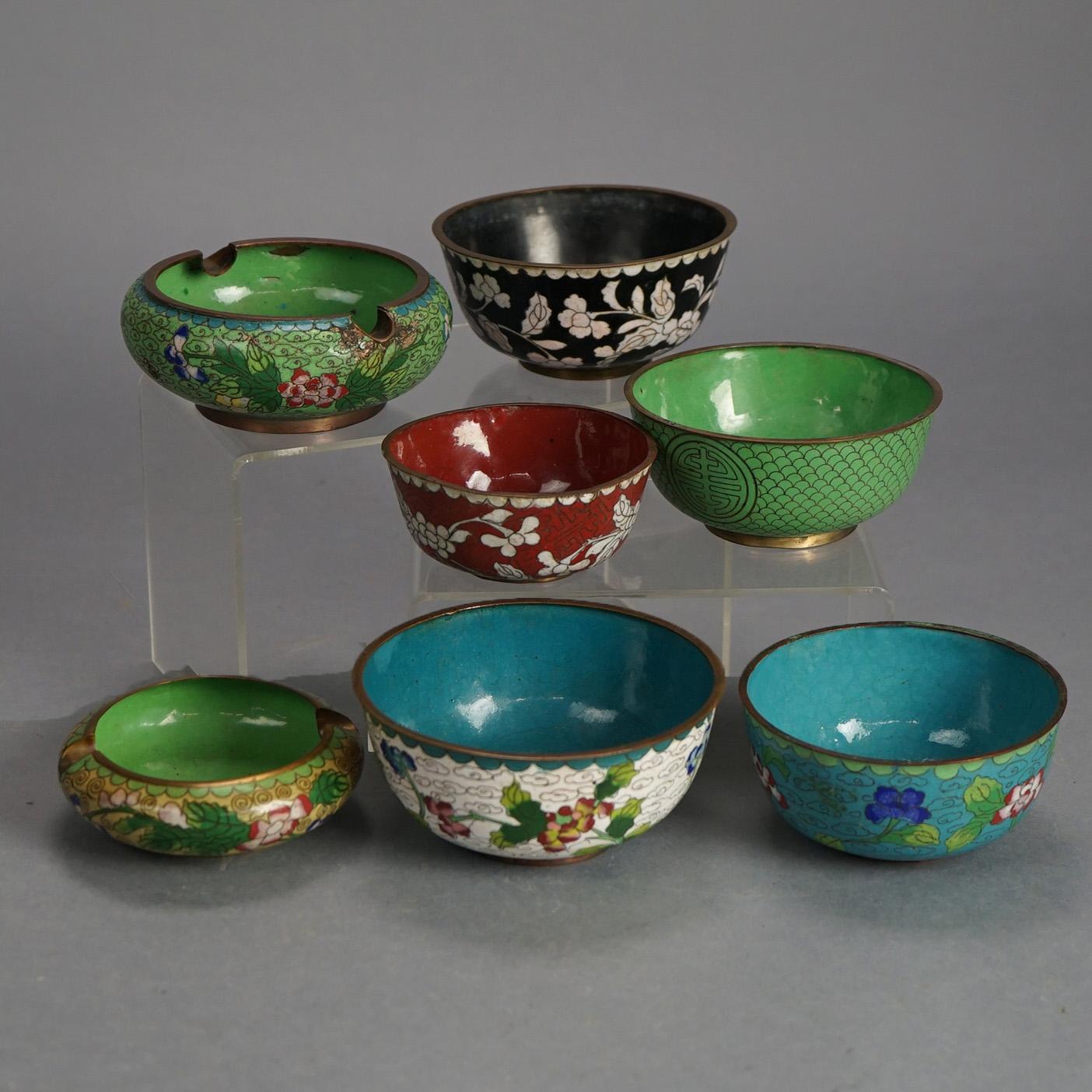 Seven Antique Chinese Bronze Cloisonne Enameled Rice Bowls with Flowers, C1920

Measures - 1.25