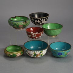 Seven Antique Chinese Bronze Cloisonne Enameled Rice Bowls C1920