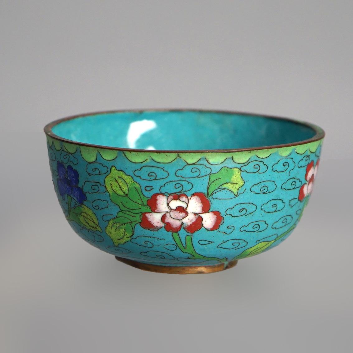 Seven Antique Chinese Bronze Cloisonne Enameled Rice Bowls C1920 In Good Condition For Sale In Big Flats, NY