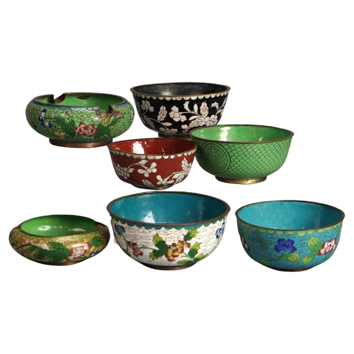 Seven Antique Chinese Bronze Cloisonne Enameled Rice Bowls C1920 For Sale