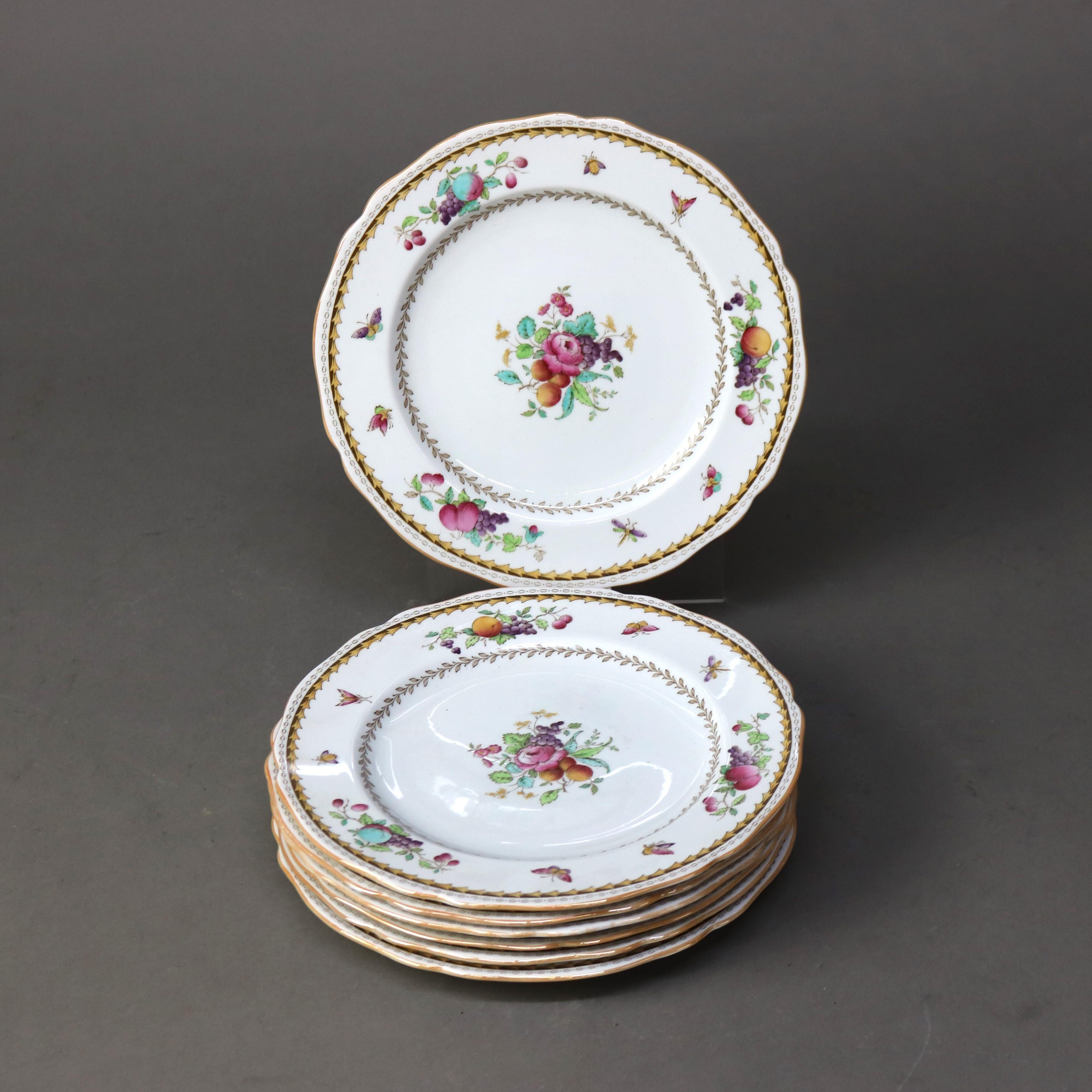 Seven Antique English Copeland Floral Hand Painted & Gilt Porcelain Plates C1890 In Good Condition For Sale In Big Flats, NY