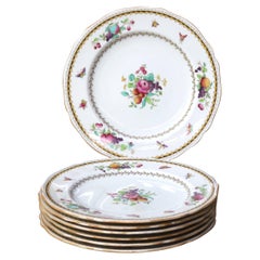 Sette antichi piatti di porcellana inglese Copeland Floral dipinti a mano e dorati C1890