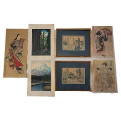 Seven Antique Japanese Woodblock Prints, Landscapes 
Genre Scenes, C1920