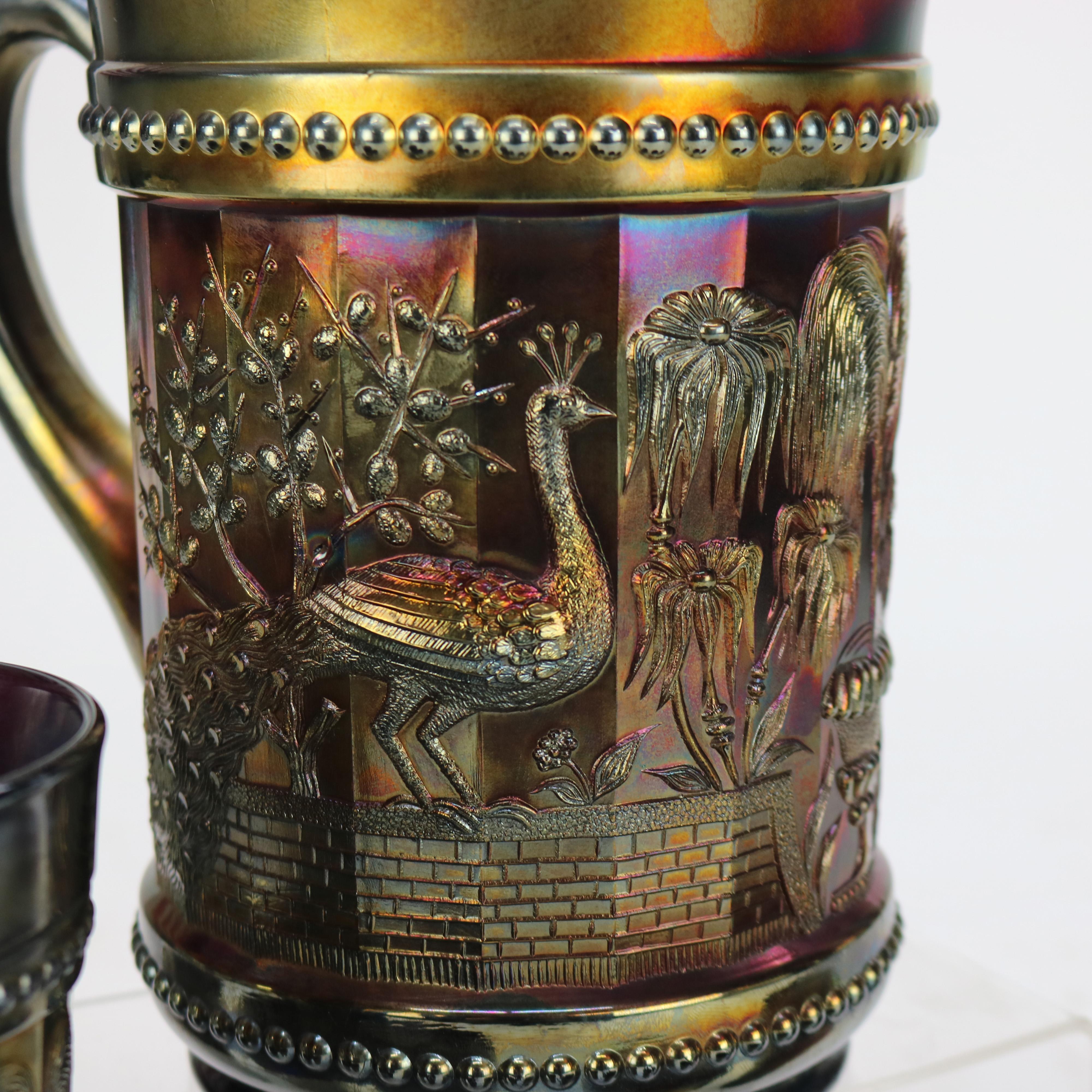 Seven Antique Northwood Carnival Glass “Peacocks At The Fountain” c1930 For Sale 2