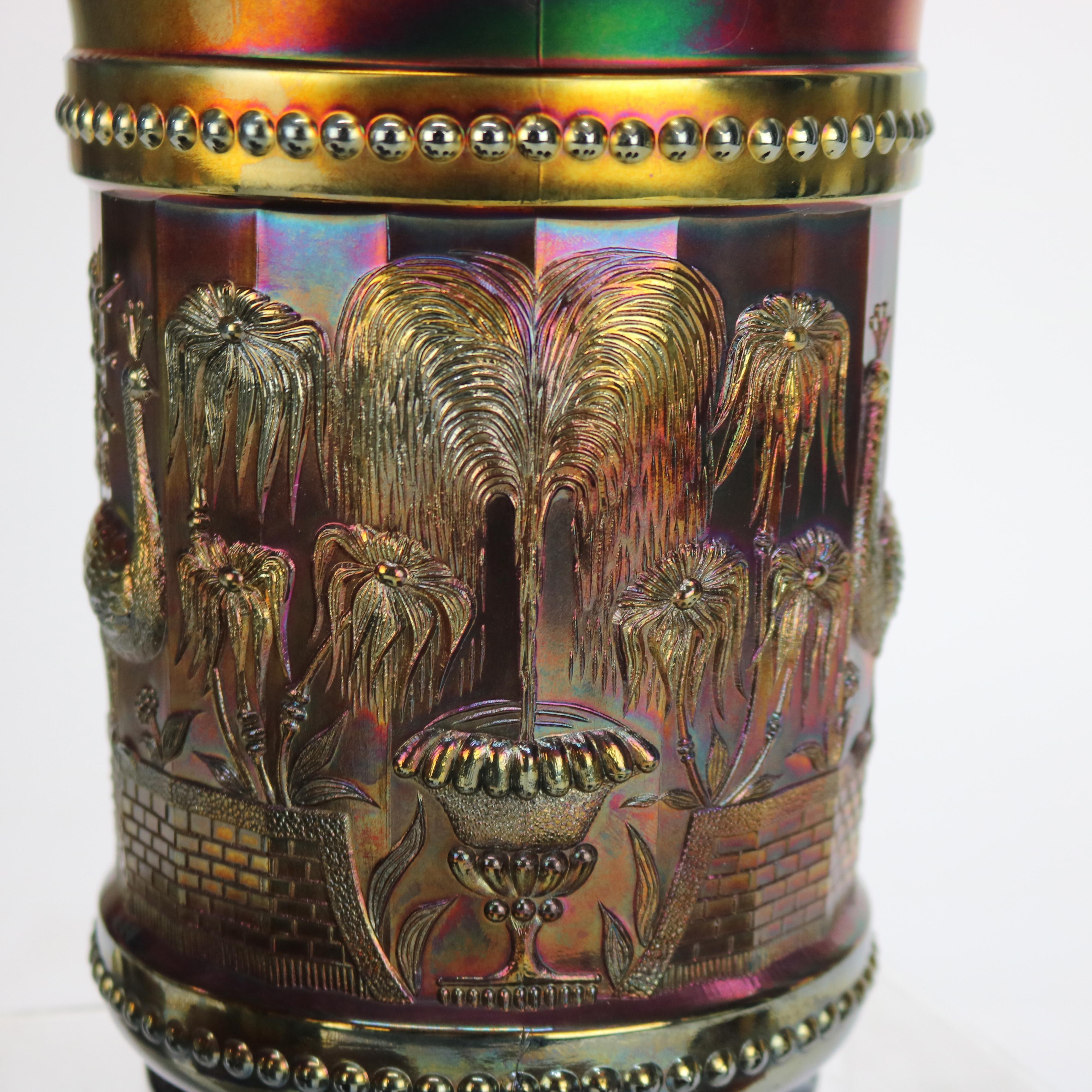 Seven Antique Northwood Carnival Glass “Peacocks At The Fountain” c1930 For Sale 3