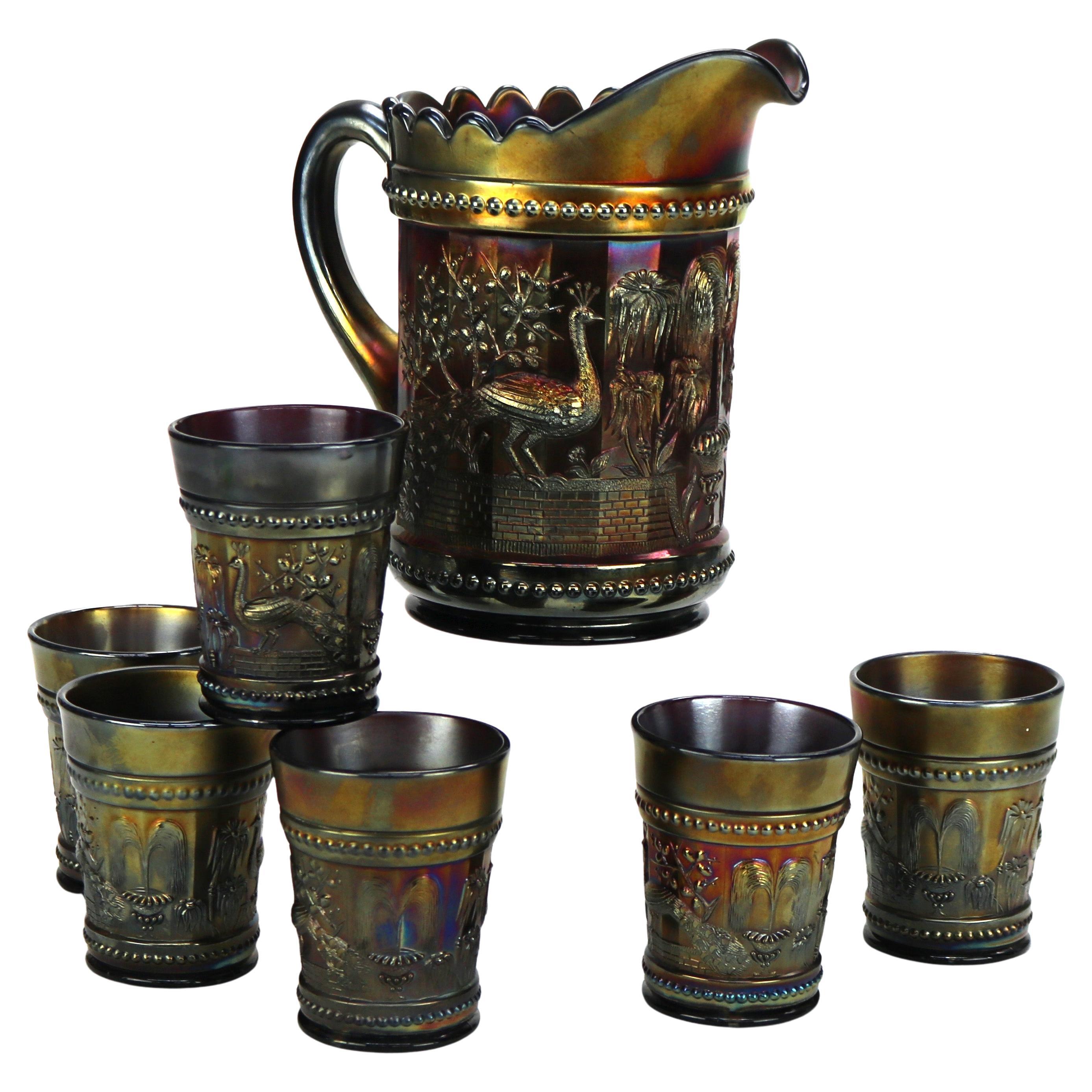 Seven Antique Northwood Carnival Glass “Peacocks At The Fountain” c1930