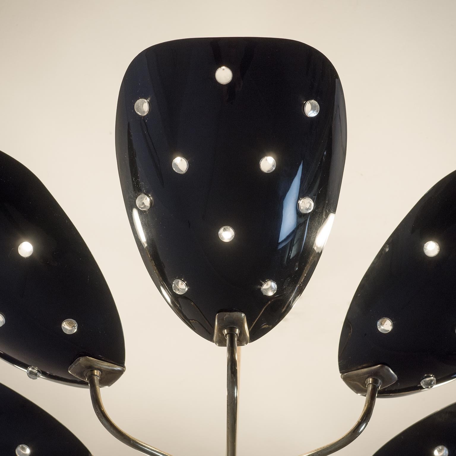 Seven-Arm Brass Ceiling Light with Black Acrylic Shades, circa 1960 4