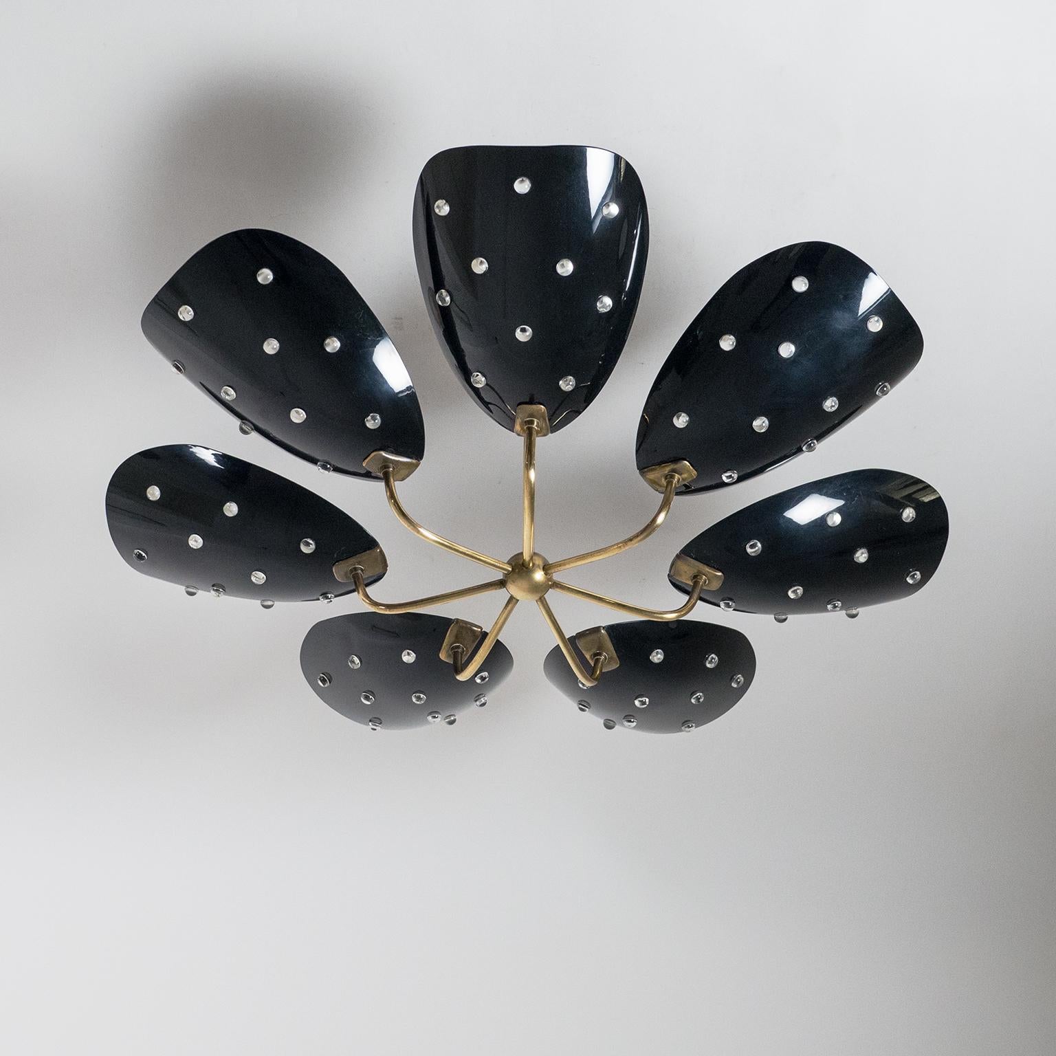 Seven-Arm Brass Ceiling Light with Black Acrylic Shades, circa 1960 5