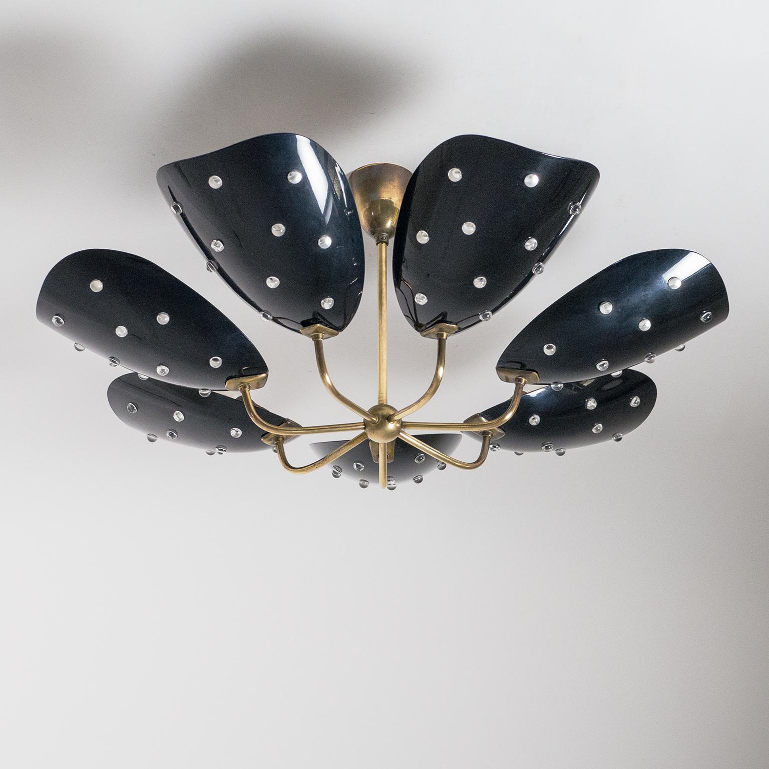 Seven-Arm Brass Ceiling Light with Black Acrylic Shades, circa 1960 6