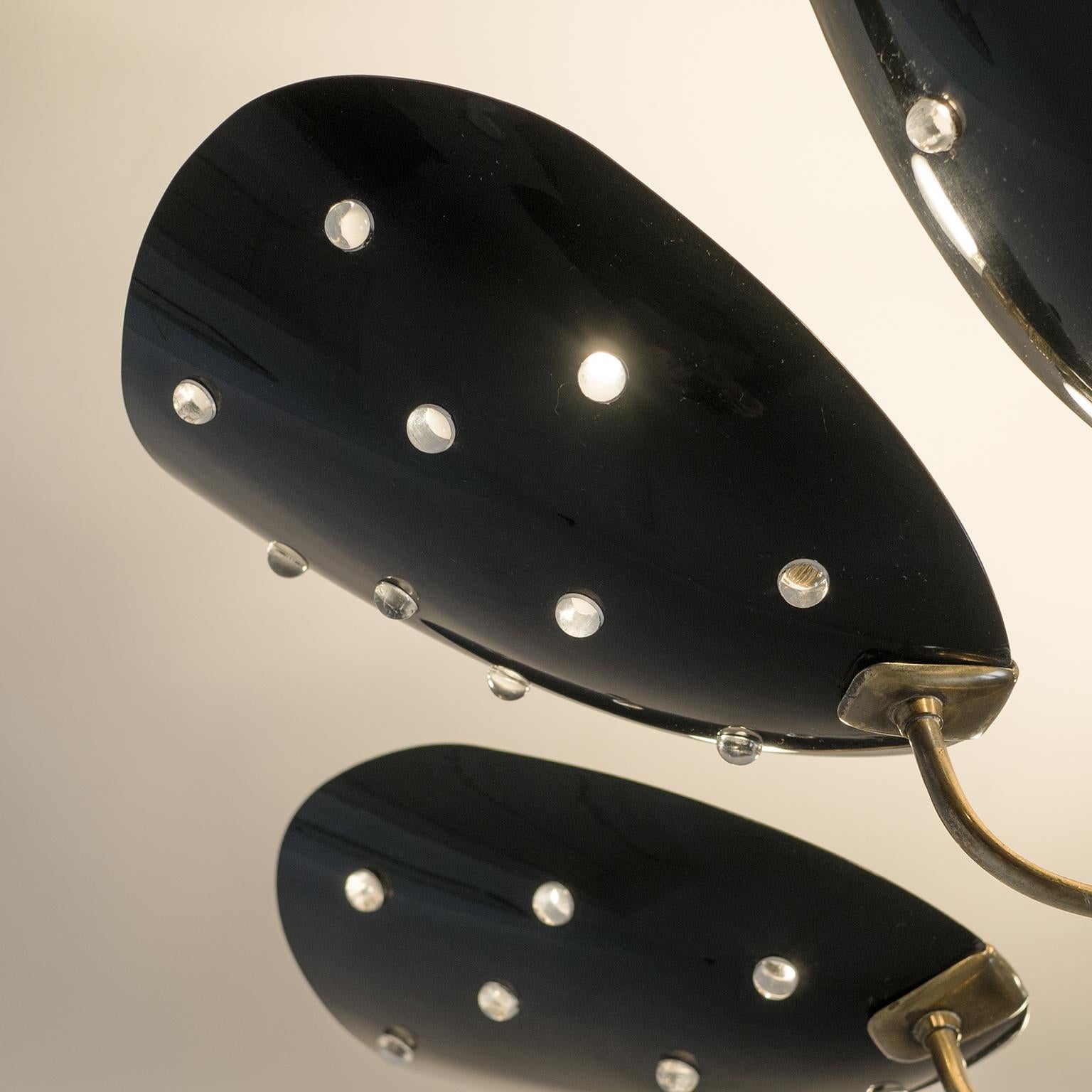Seven-Arm Brass Ceiling Light with Black Acrylic Shades, circa 1960 9