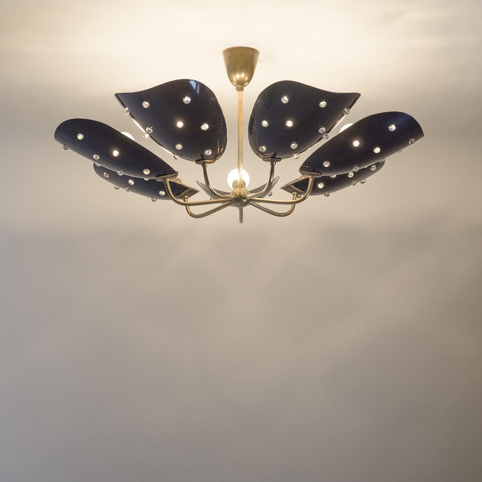 Seven-Arm Brass Ceiling Light with Black Acrylic Shades, circa 1960 10