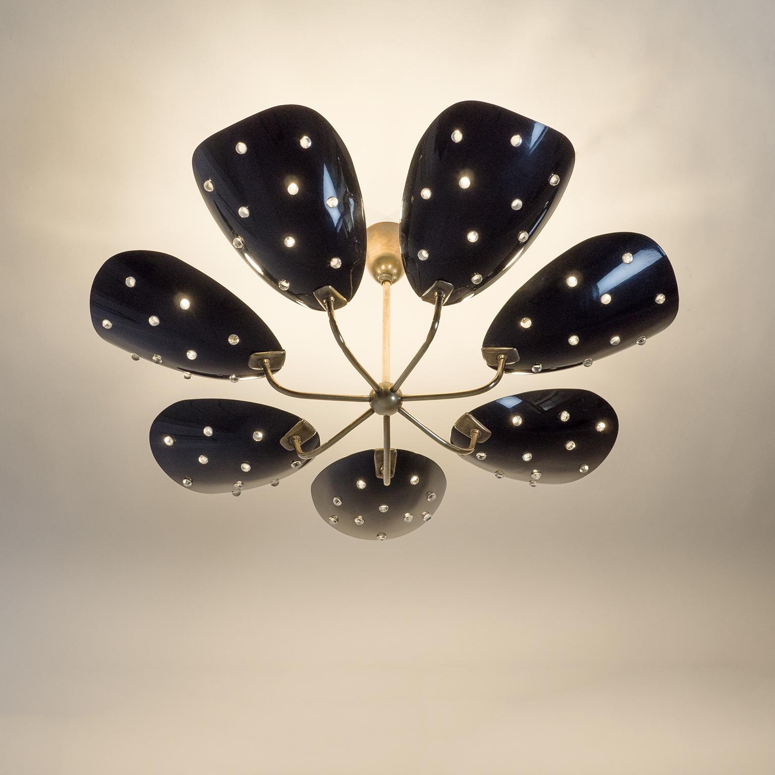 Seven-Arm Brass Ceiling Light with Black Acrylic Shades, circa 1960 11