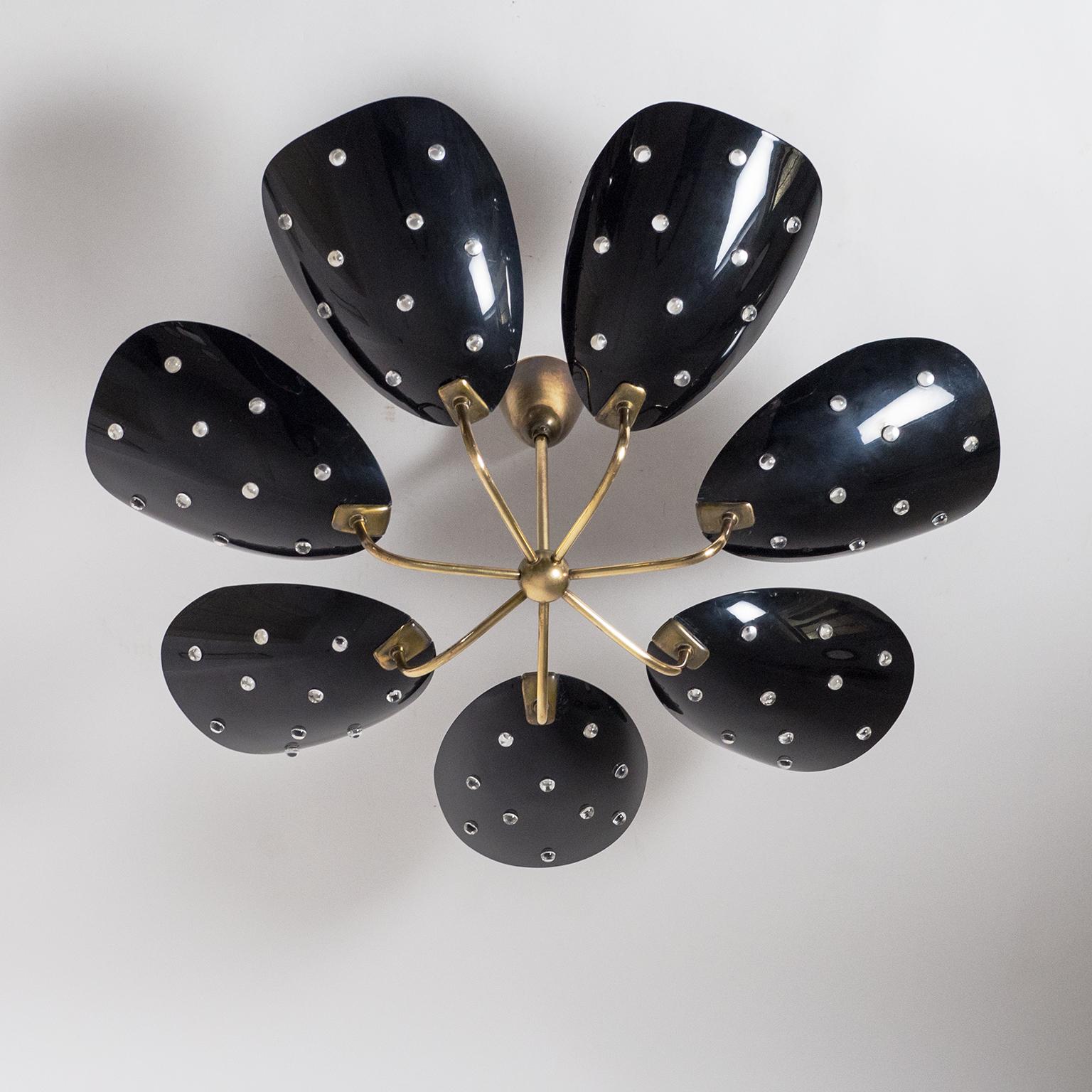 Seven-Arm Brass Ceiling Light with Black Acrylic Shades, circa 1960 12