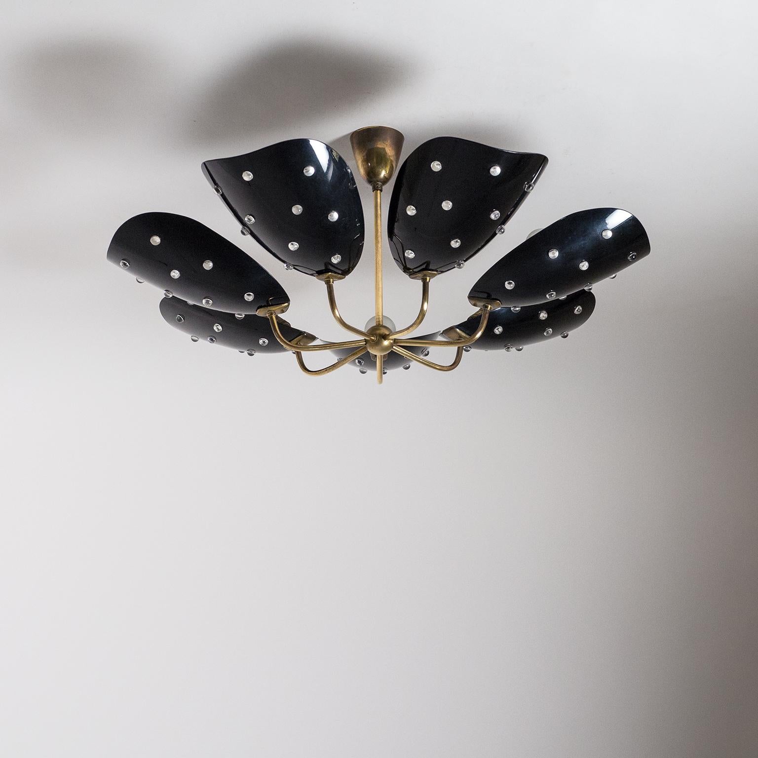 Seven-Arm Brass Ceiling Light with Black Acrylic Shades, circa 1960 13