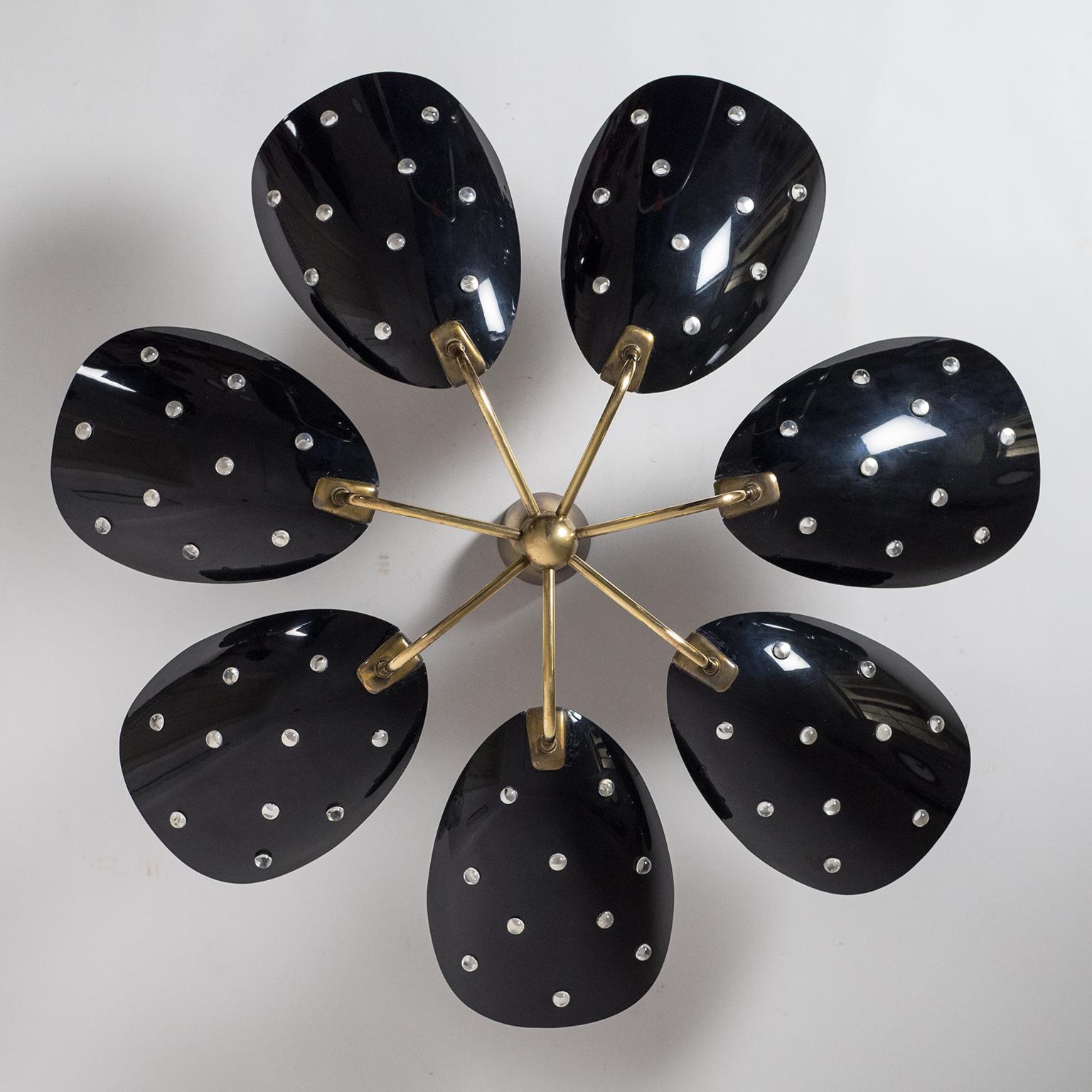 Seven-Arm Brass Ceiling Light with Black Acrylic Shades, circa 1960 In Good Condition In Vienna, AT