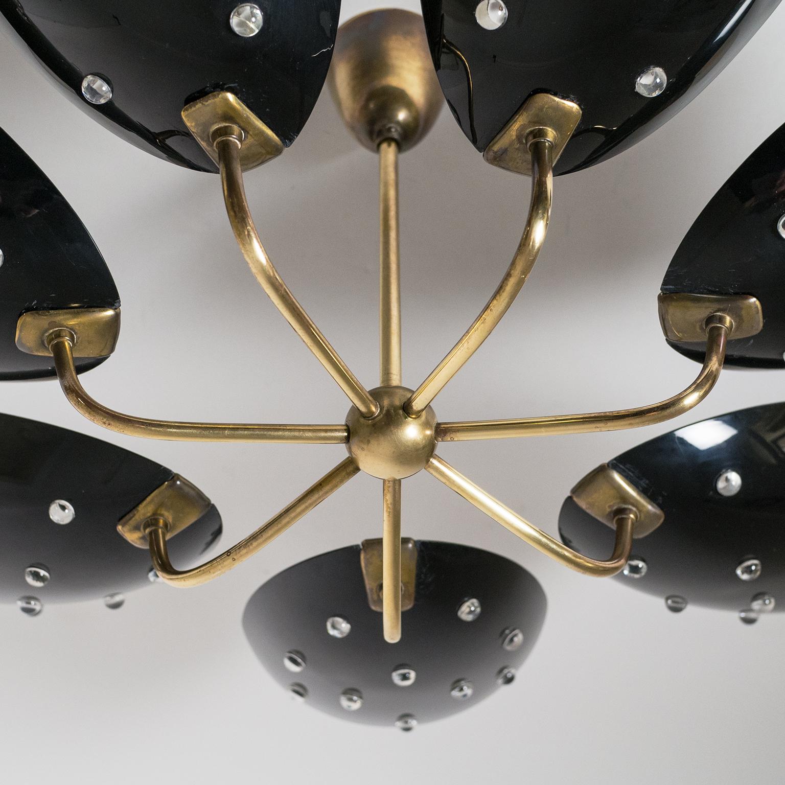 Mid-20th Century Seven-Arm Brass Ceiling Light with Black Acrylic Shades, circa 1960