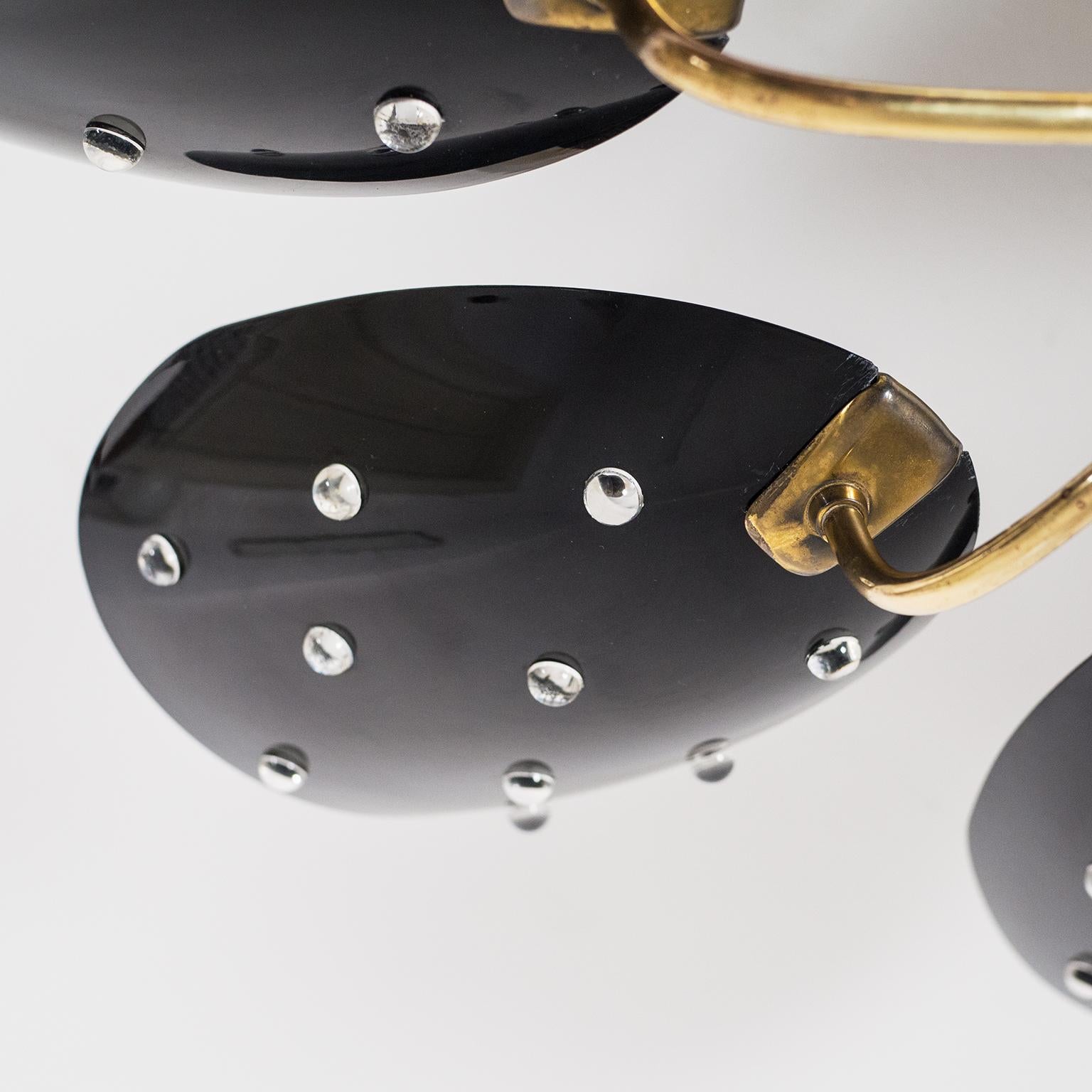 Seven-Arm Brass Ceiling Light with Black Acrylic Shades, circa 1960 1