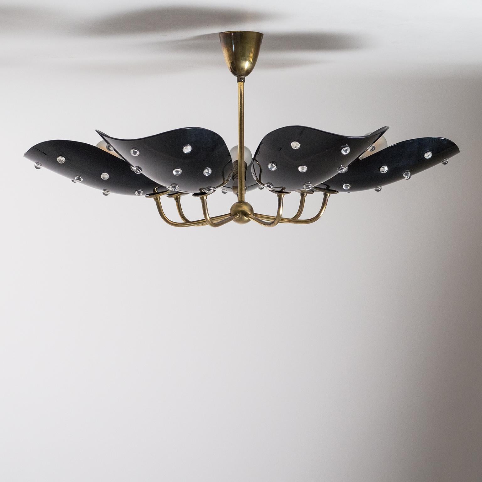 Seven-Arm Brass Ceiling Light with Black Acrylic Shades, circa 1960 2