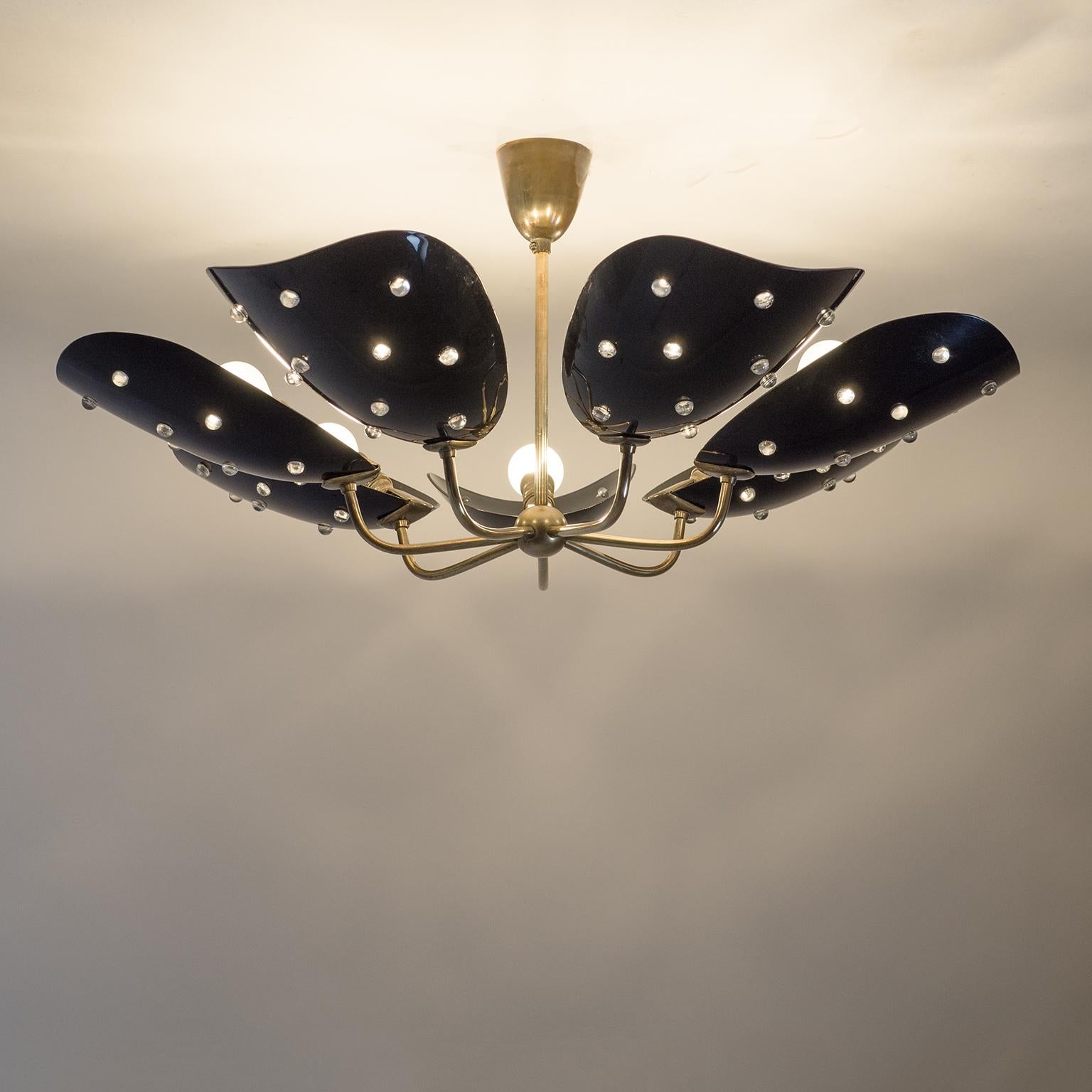 Seven-Arm Brass Ceiling Light with Black Acrylic Shades, circa 1960 3