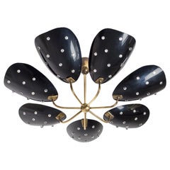 Seven-Arm Brass Ceiling Light with Black Acrylic Shades, circa 1960