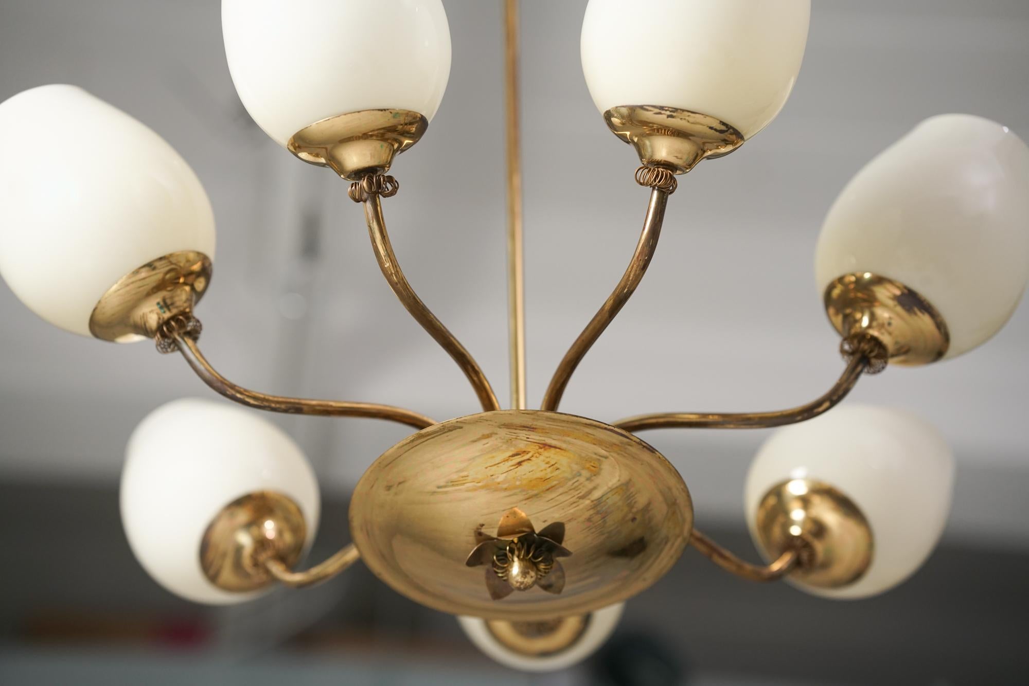 Brass Seven Arm Chandelier, Attributed to Itsu, Finland, 1950s For Sale