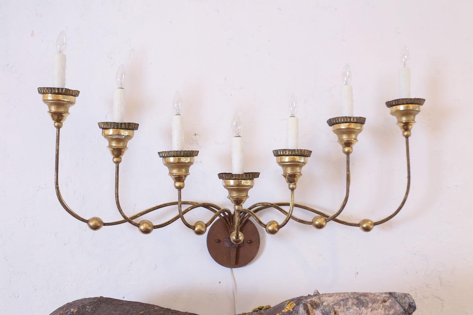 French Provincial Seven-Arm Gilt-Iron Sconce