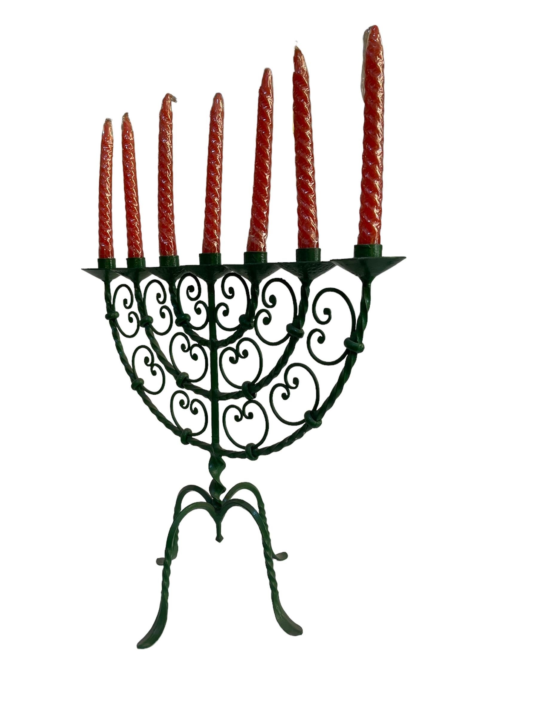 Mid-Century Modern Seven-armed Jewish candelabra, wrought iron For Sale