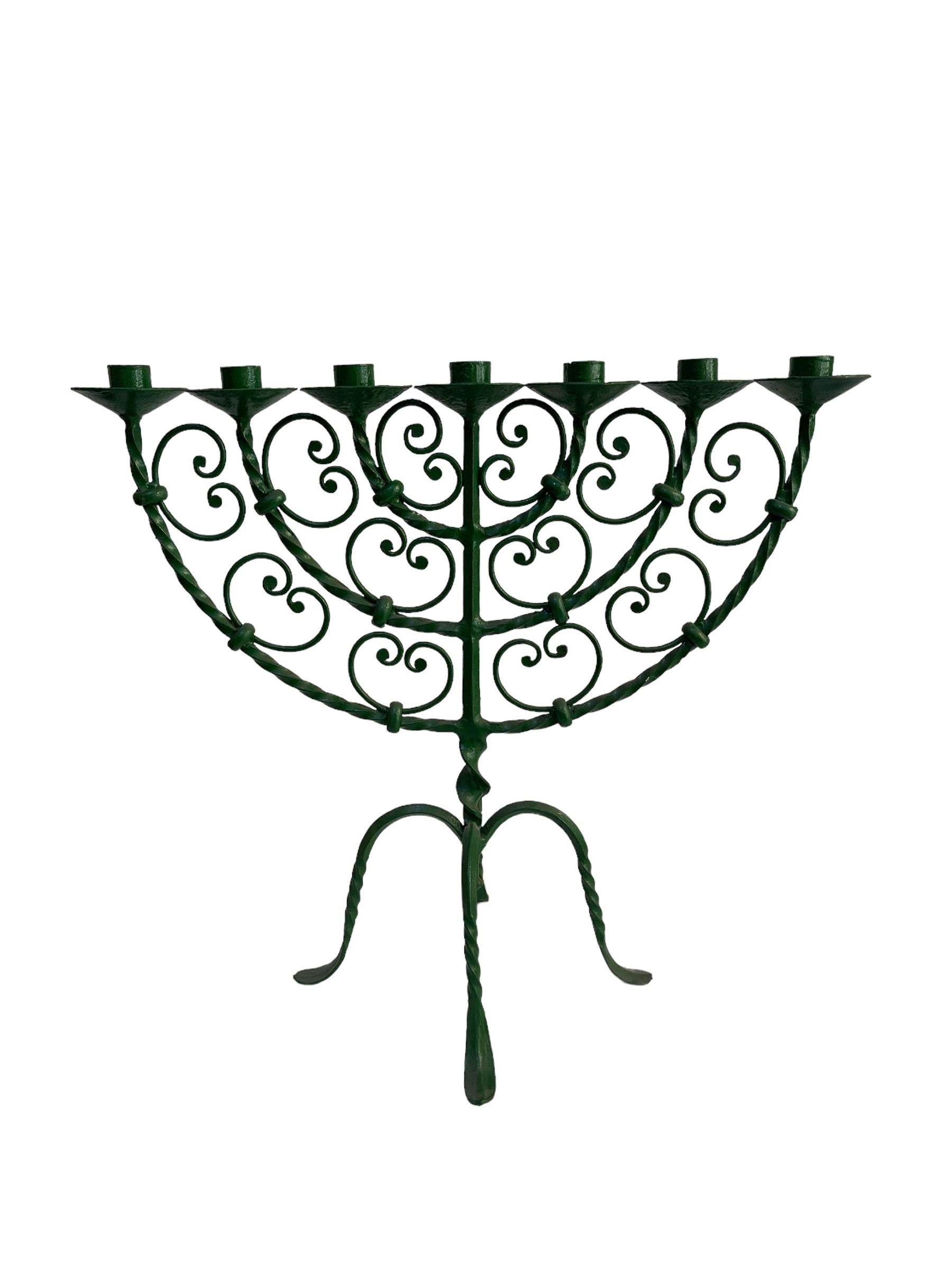Italian Seven-armed Jewish candelabra, wrought iron For Sale