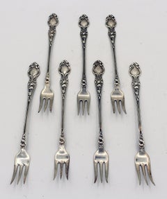 Seven Art Nouveau Sterling Silver Oyster Forks by Wallace